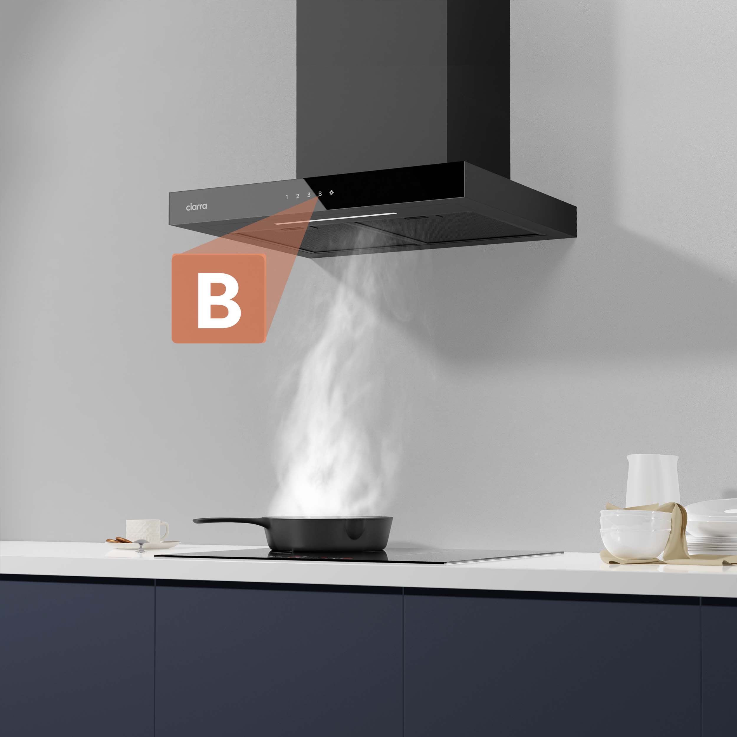 CIARRA Hotte Murale 60cm 650m3/h A+++ Tactile et APP Contrôle 4 Vitesses Booster Filtre à charbon inclus Noir CD6102B - 3
