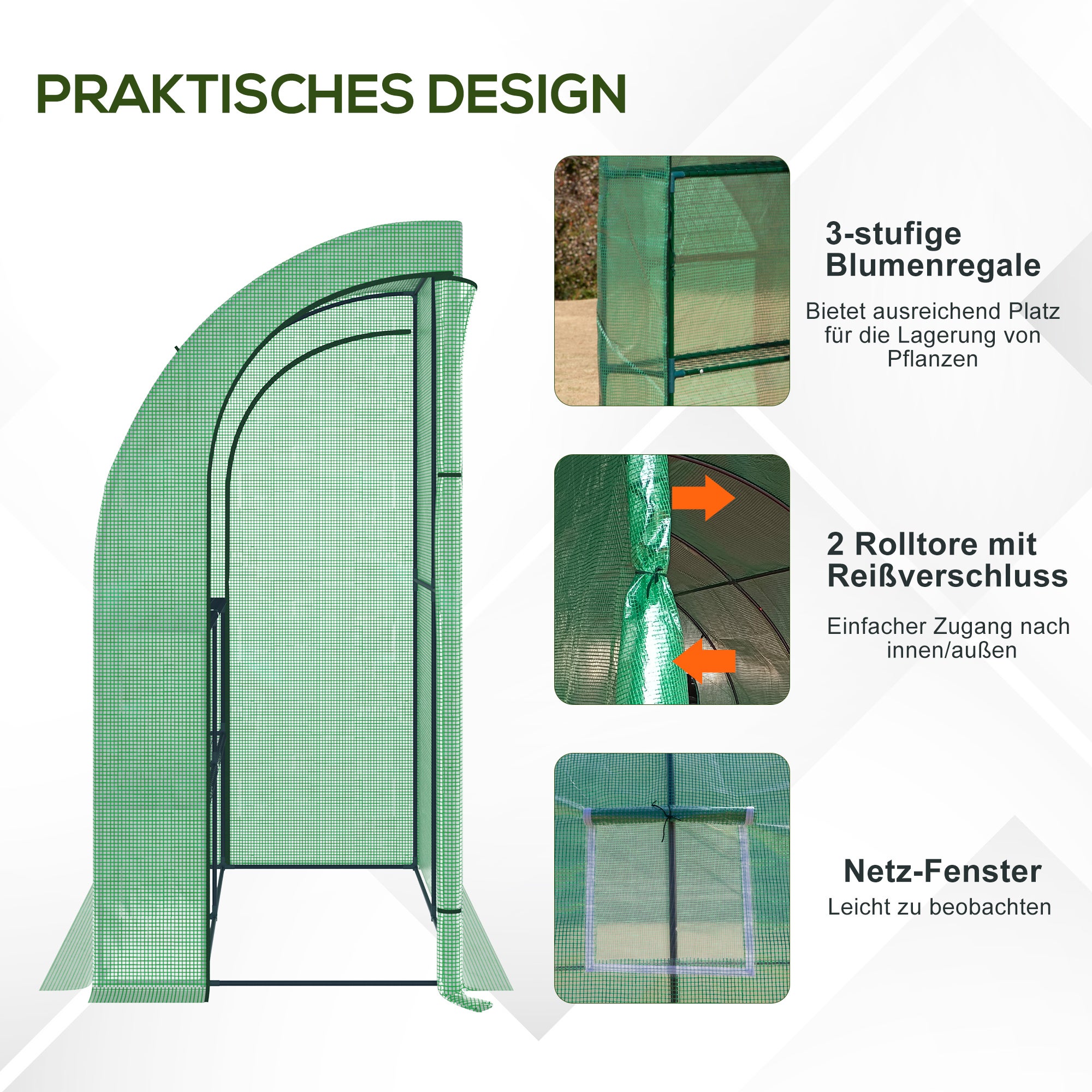 Serre Outsunny en aluminium avec fenêtres en filet, portes enroulables, protection UV, verte, 200 x 100 x 215 cm - 8
