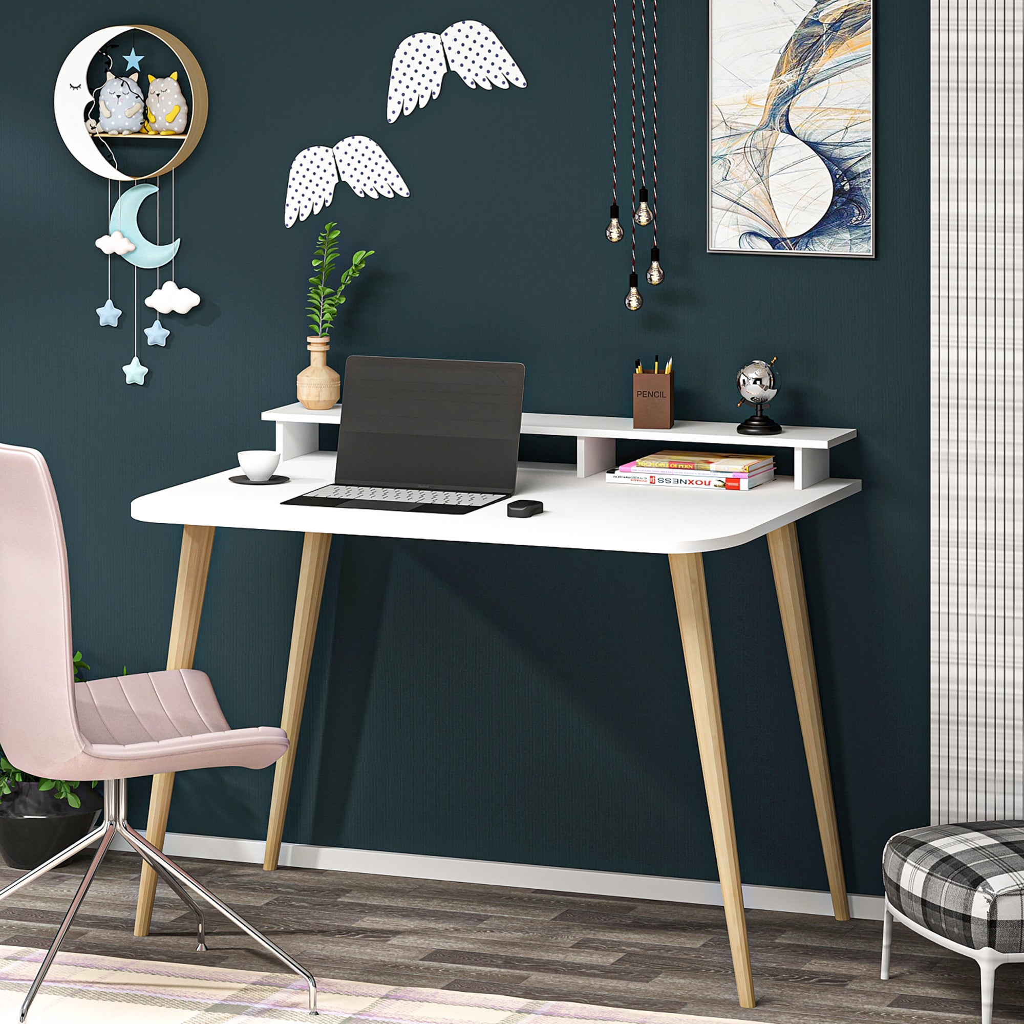 Supporto Rialzato Per Monitor In Legno Bianco Con 2 Ripiani – 40x20x13 Cm, Ergonomico E Facile Da Montare, Perfetto Per Home Office E Postazioni Di Lavoro