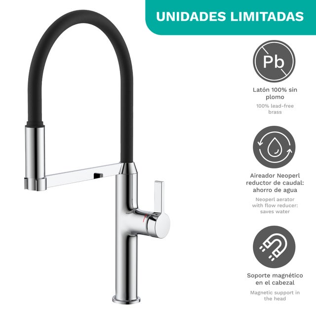 Torneira monocomando de cozinha em latão com bica flexível extraível, 2 funções jato/chuveiro, 360°, acabamento cromado