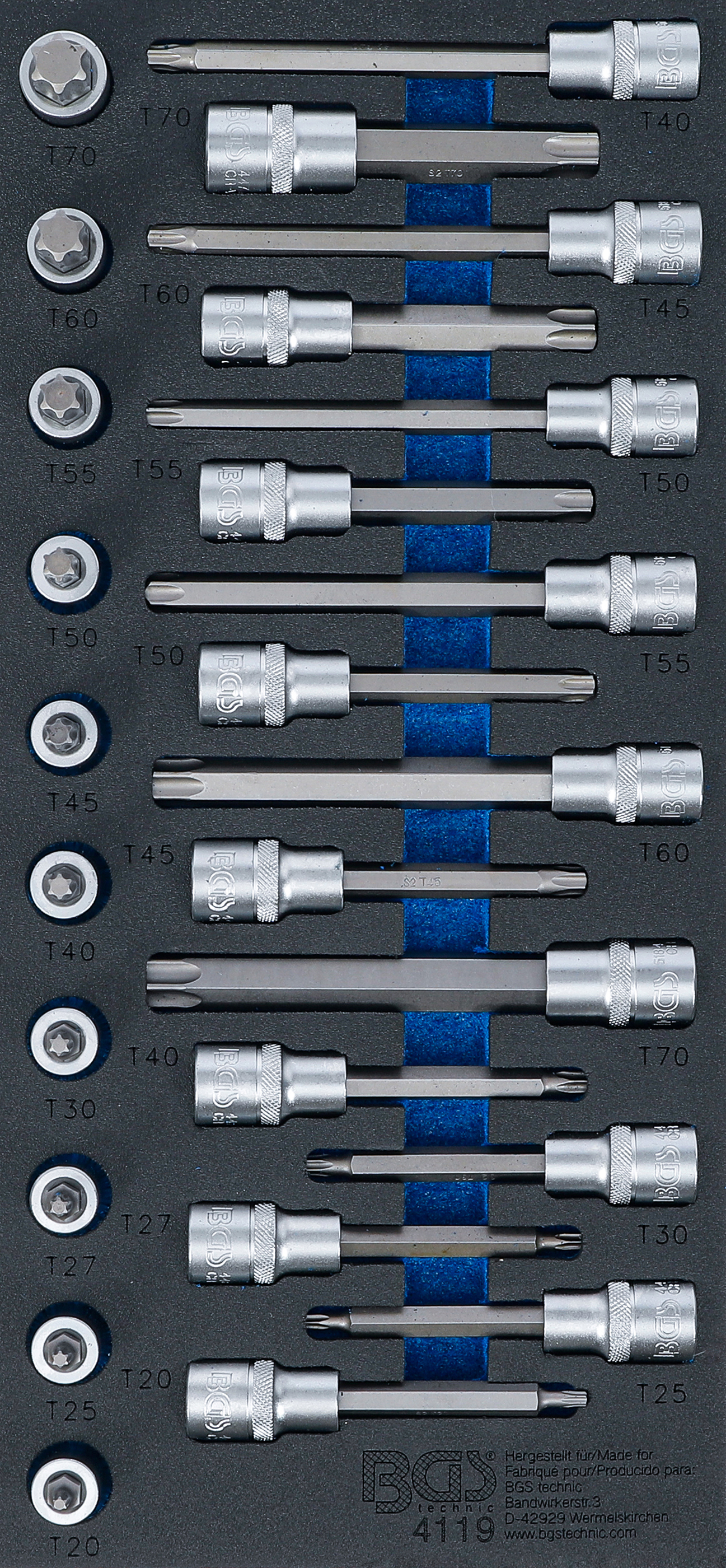 BGS Wkład do wózka warsztatowego 1/3: Zestaw bitów napęd kwadrat wewnętrzny 12,5 mm (1/2") profil T (do Torx) 26cz. - 4119