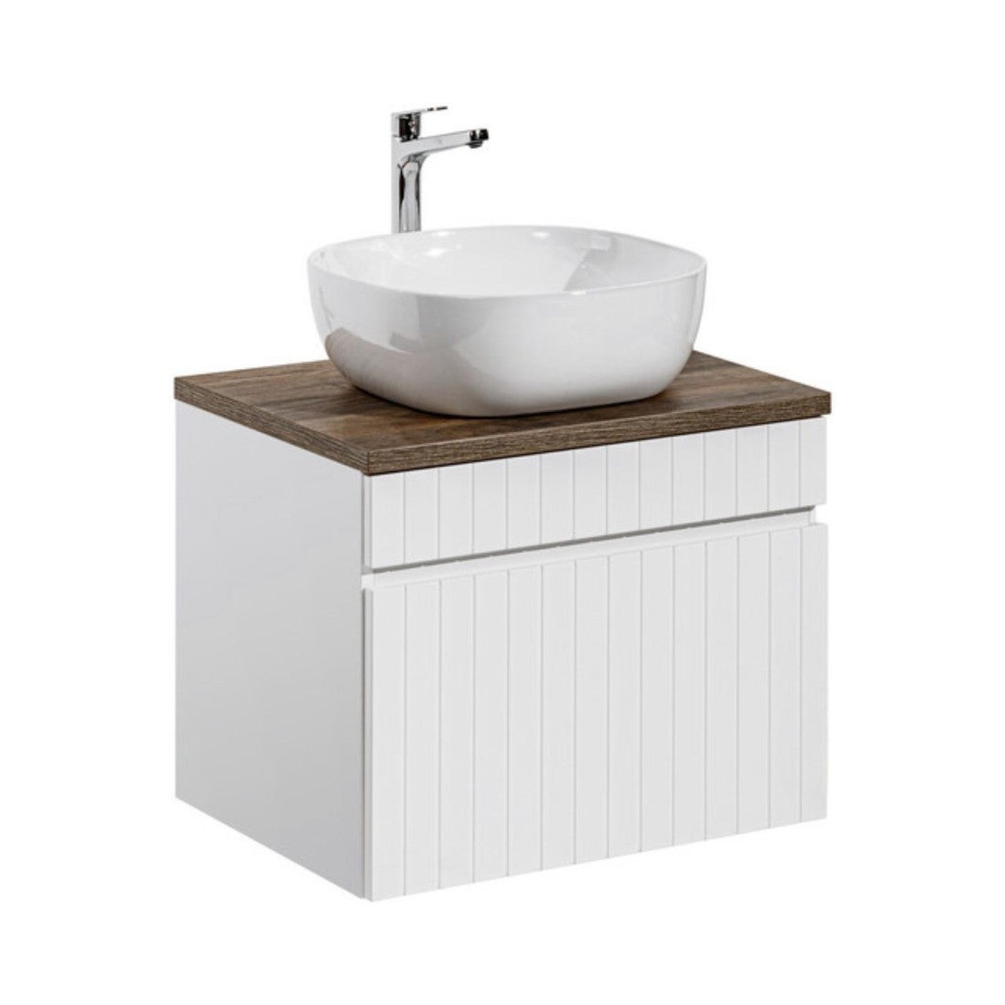 Ensemble icon blanco: mueble bajo lavabo 60cm + encimera con aspecto de madera oscura + lavabo sobre encimera cuadrado redondeado