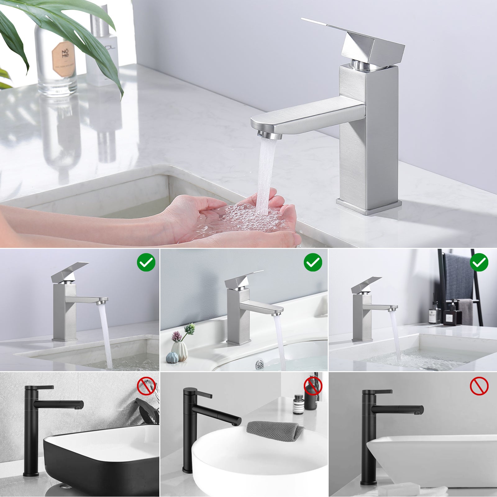 Robinet Salle Bain Carrée Mitigeur de lavabo Eau Froide Chaude Disponible Robinet Lavabo en Acier Inoxydable Mousseur Démontable - 5