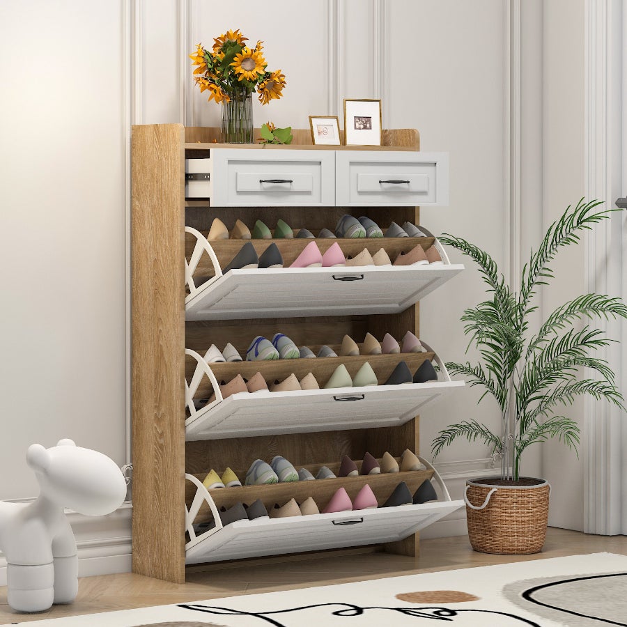 Szafka na buty z obrotowym schowkiem, 3 półkami i 2 szufladami, naturalna + biała, nowoczesny i minimalistyczny design do przedpokoju i salonu