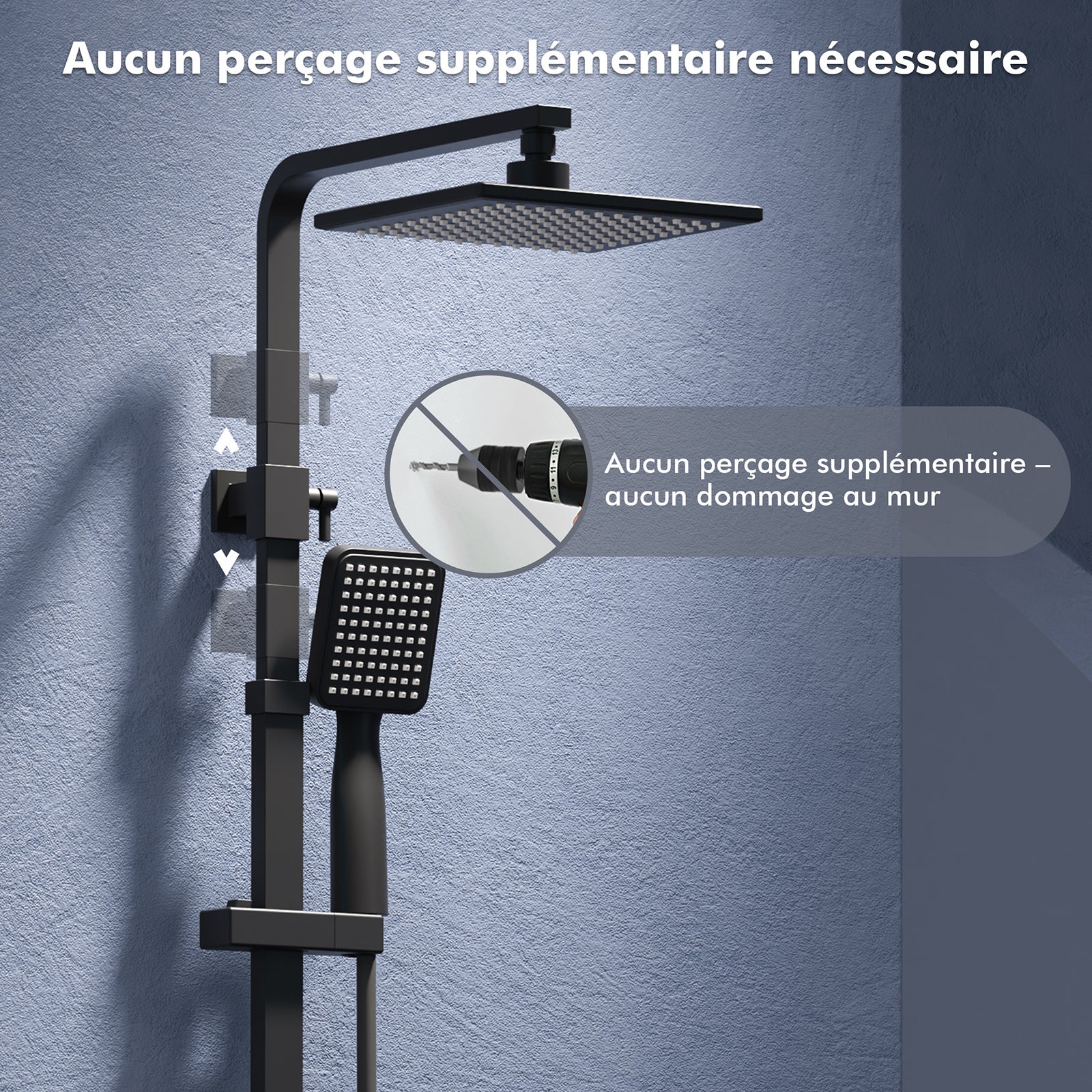 Colonne de Douche Noir avec Mitigeur Thermostatique Cascade, Ensemble Douche en Laiton pour Baignoire, Hauteur Réglable Sans Percement Supplémentaire - 5