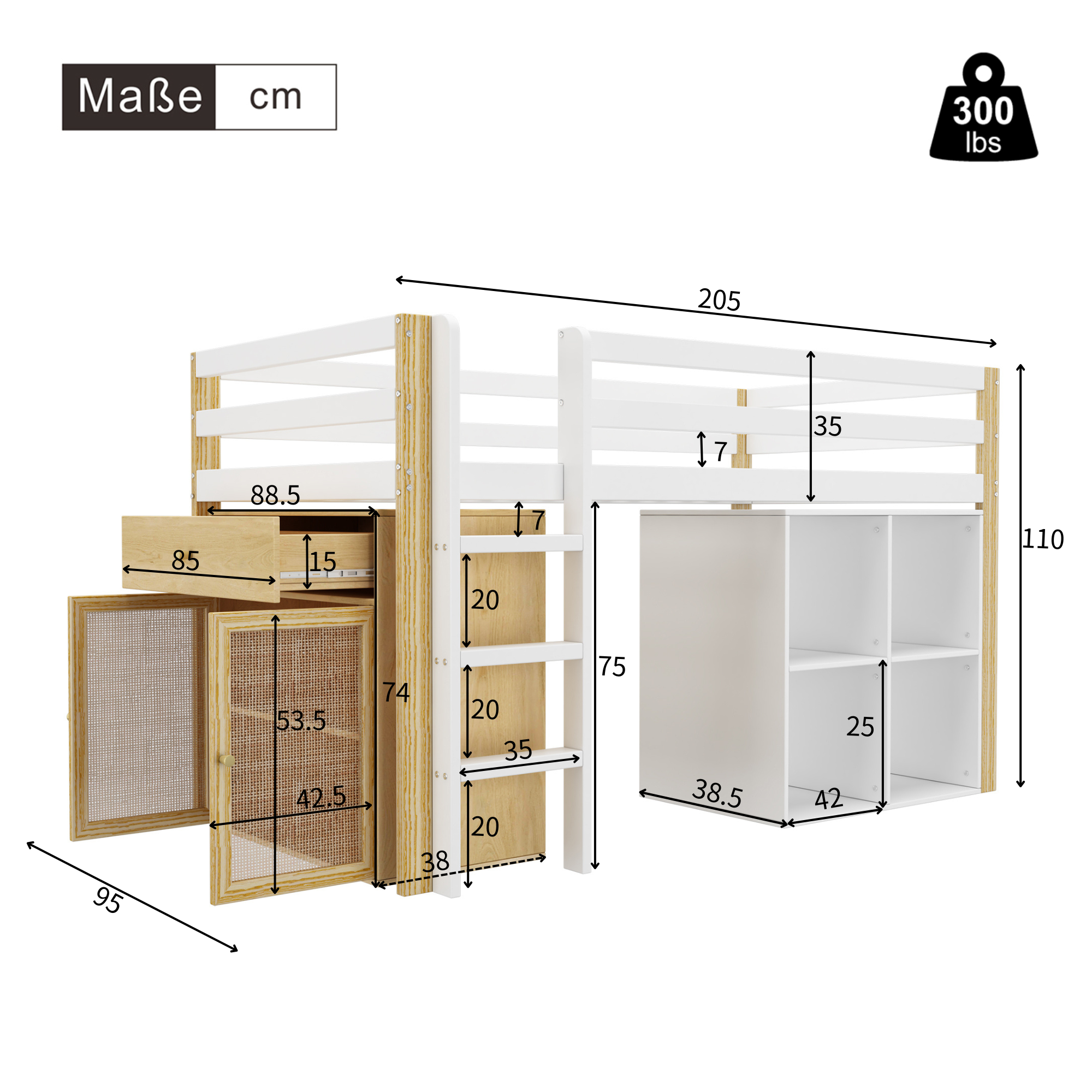 Łóżko piętrowe dla dzieci 90 x 200 cm - 2 szafy i drabinka - Drewno lite + MDF - Kolor naturalny + biały (materac nie jest wliczony w cenę) - 7