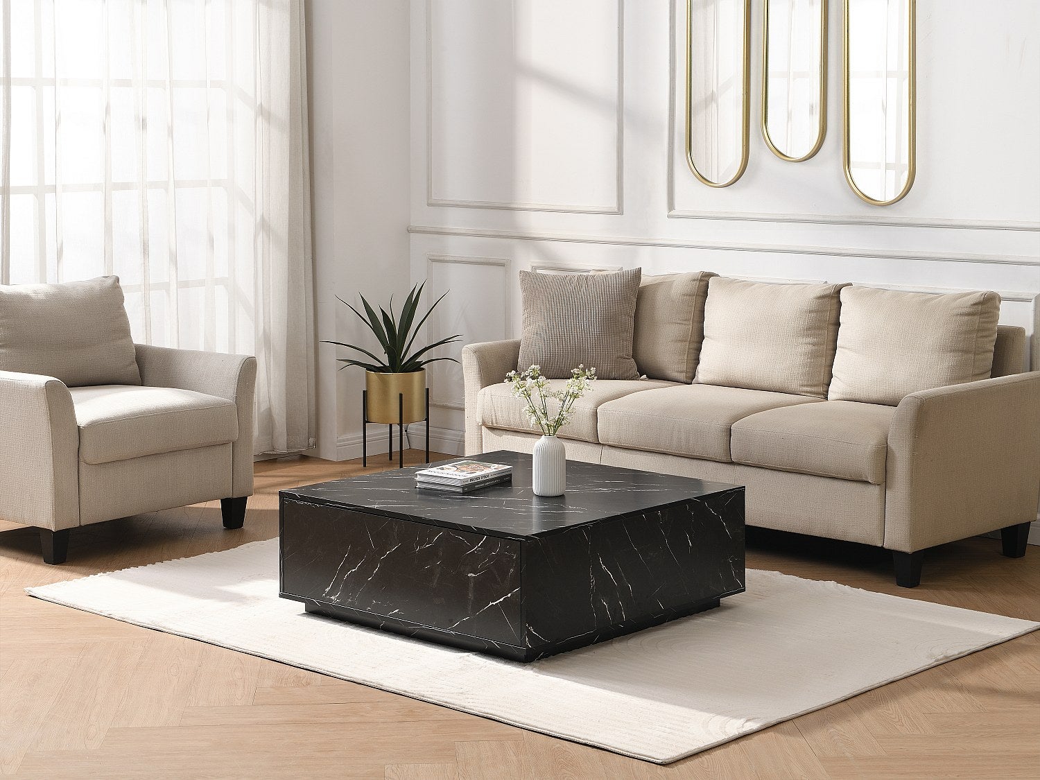 Stolik kawowy z 2 szufladami z MDF - szer. 90 cm Efekt czarnego marmuru - ANTRIM