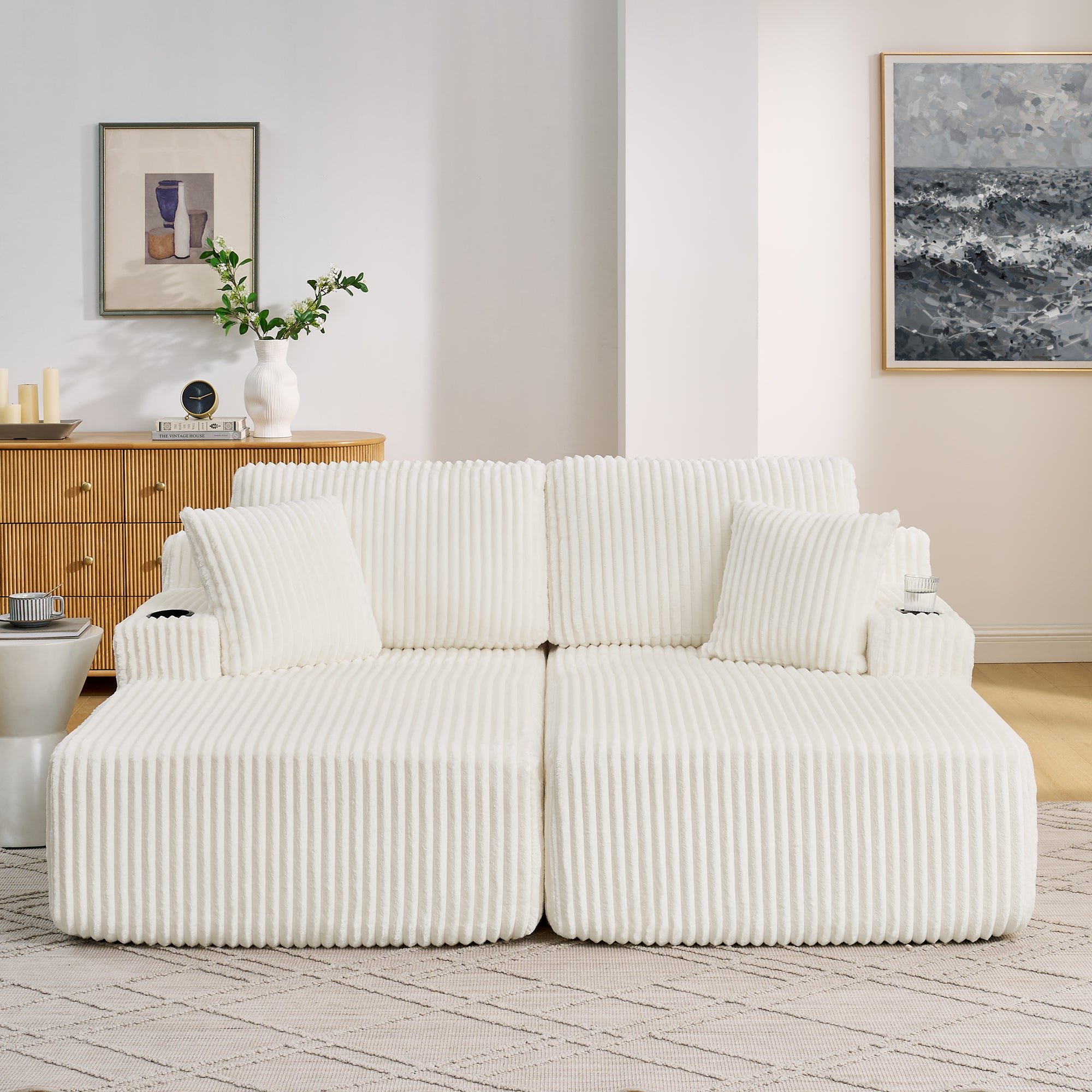 Canapé convertible 2 places avec fonction relax, Canapé tissu velours côtelé doux avec poche latérale porte gobelet coussins confortable, beige - 2