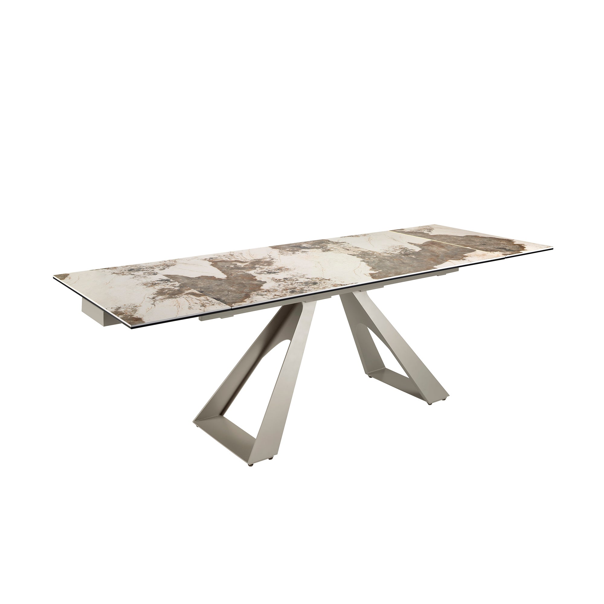 Prostokątny, rozkładany stół z porcelanowego marmuru i stali w kolorze szarym taupe 160 x 90 x 76 cm