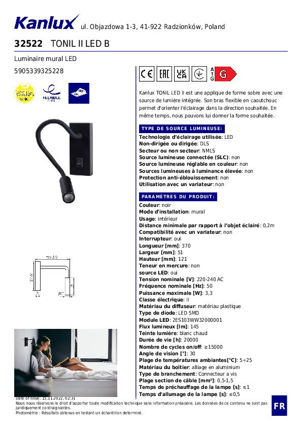 Applique murale LED - TONIL II - Bras flexible - Noir - 3,3W - 3000K - 8