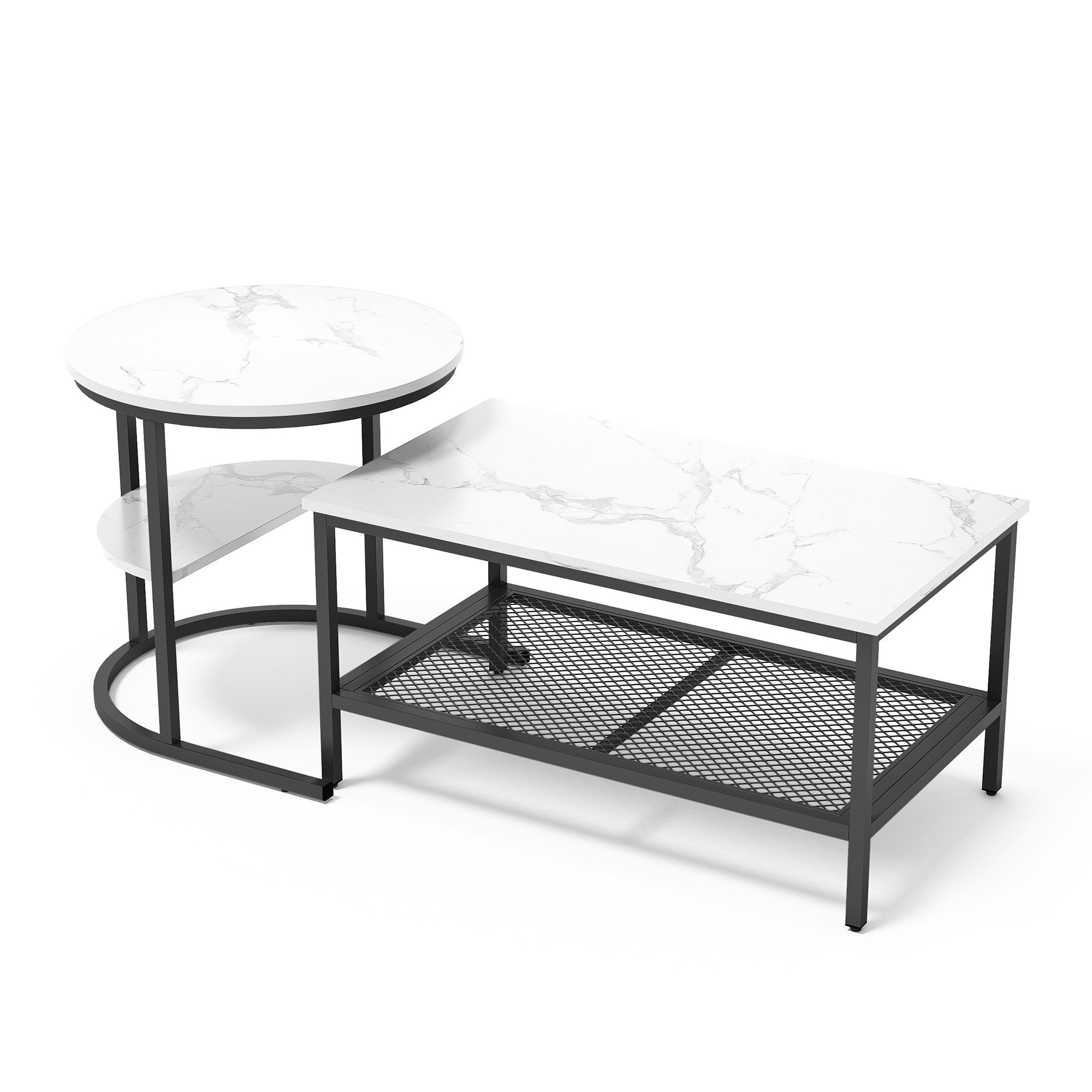 Table basse, 2 pièces, plateau plaqué marbre, design divisé, avec étagères de rangement, table d'appoint - 9