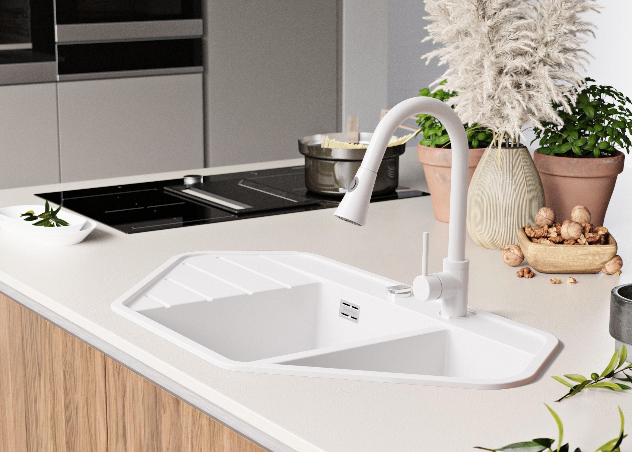 Lavandino Angolare Bianco 90x50cm, Lavello in Granito a 1,5 vasche + Sifone Classico + Accessori, Lavabo da Cucina Incasso al mobile 70cm PRIMAGRAN - 3