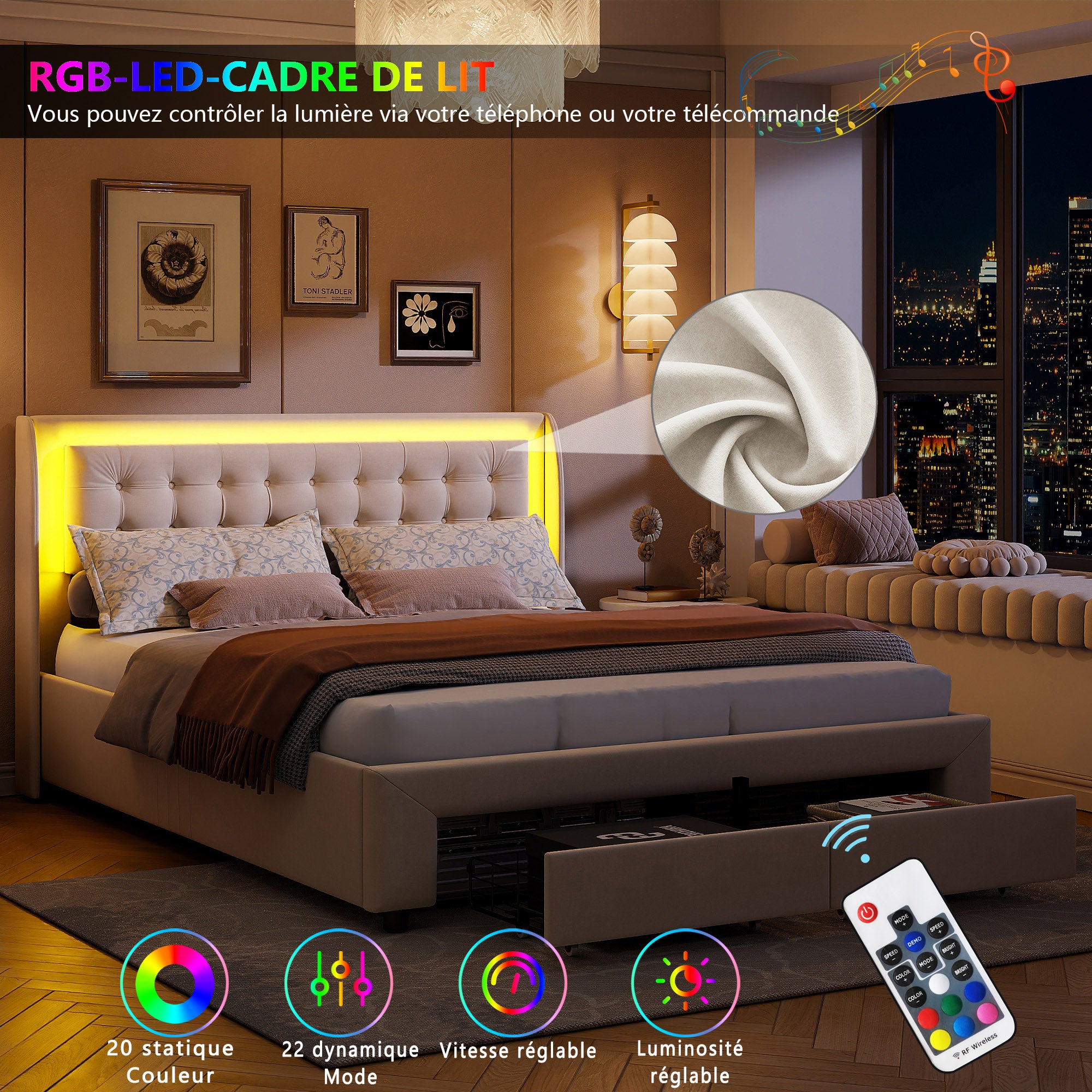 Lit coffre 140x190 cm avec LED et 2 tiroirs, COZY, cadre de lit adulte avec sommier à lattes, lit double, tissu en velours, 140x190 cm, blanc cassé - 5