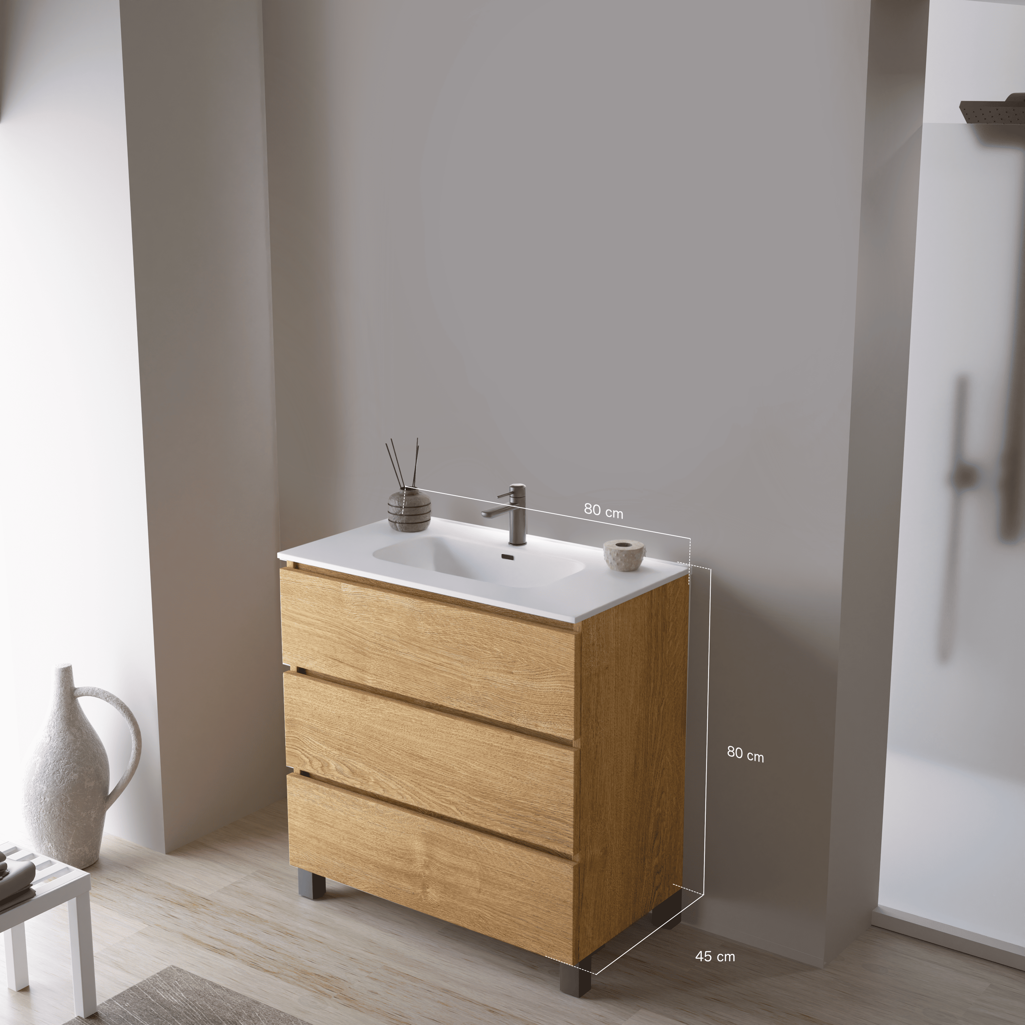 Feel Your Bath, Meuble SDB Effet Bois 80 cm + Vasque Céramique Blanc Brillant – 3 Tiroirs et Pieds, Spacieux - 3