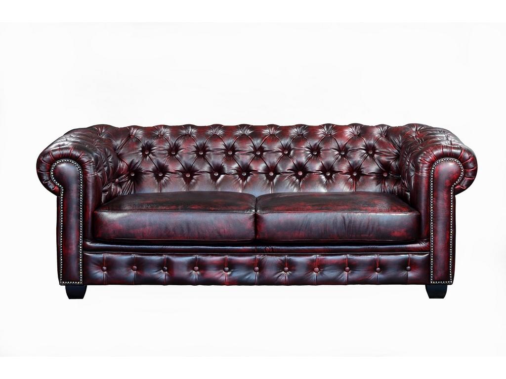 Kanapa 3-osobowa Chesterfield BRENTON 100% skóry bawolej - Kolor: cherry
