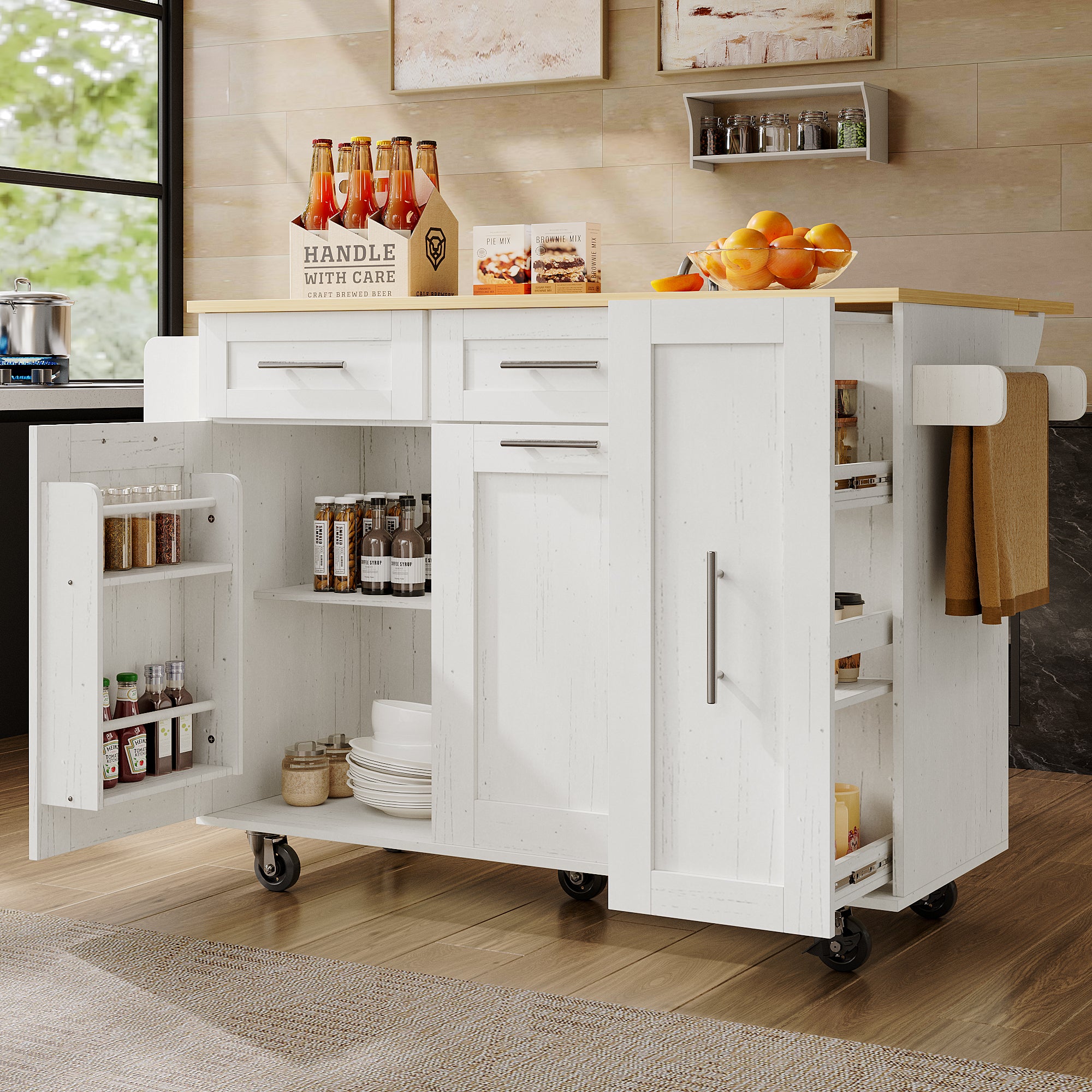 Ilot central de cuisine mobile avec 2 portes, 3 tiroirs et porte-serviettes - Plateau extensible - 134.5 x 46/74 x 90.5 cm - MDF - Blanc - 2