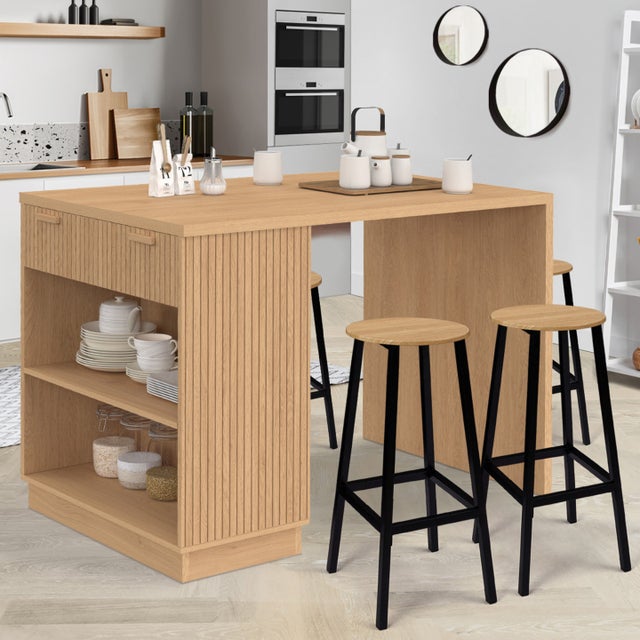 Ilot central mange-debout 4 personnes JULIETTE 130 cm lattes tasseau bois coloris chêne