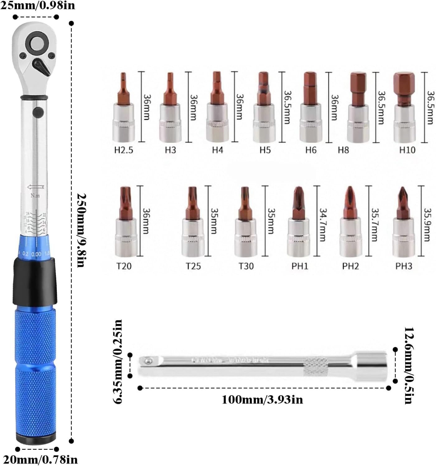 15 Pcs Cle Dynamometrique, 1/4