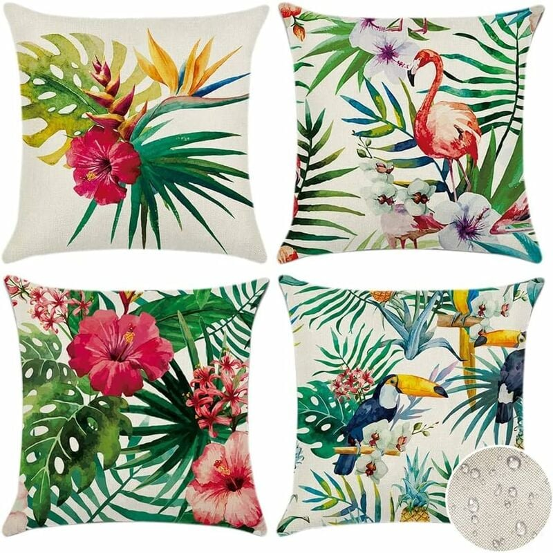 45x45 cm, juego de 4 fundas de cojín impermeables para exteriores con estampado de plantas, flores y pájaros tropicales, funda de cojín