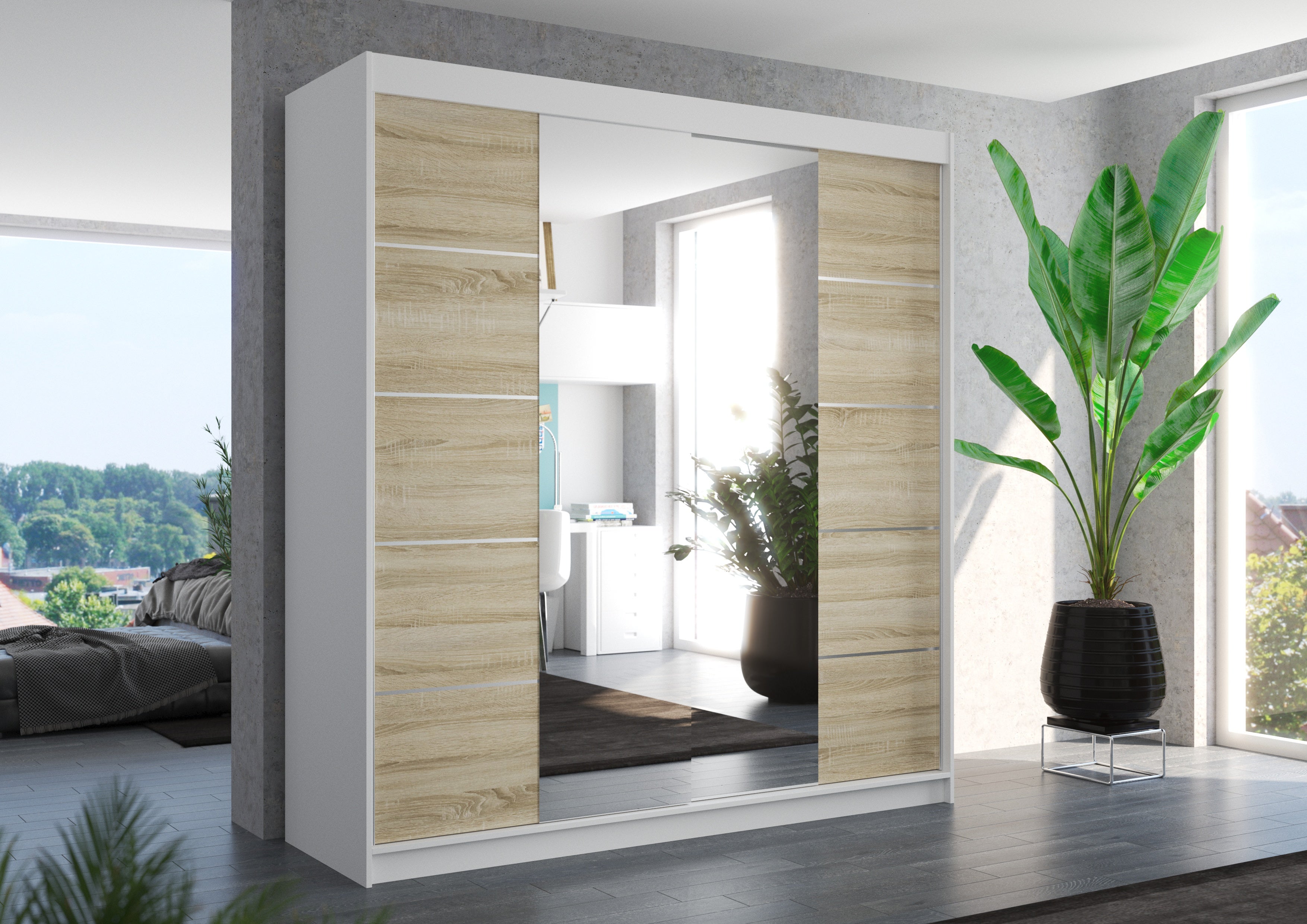 Armoire chambre adulte 2 portes coulissantes bois blanc et naturel avec miroir Dalia 200cm - 2