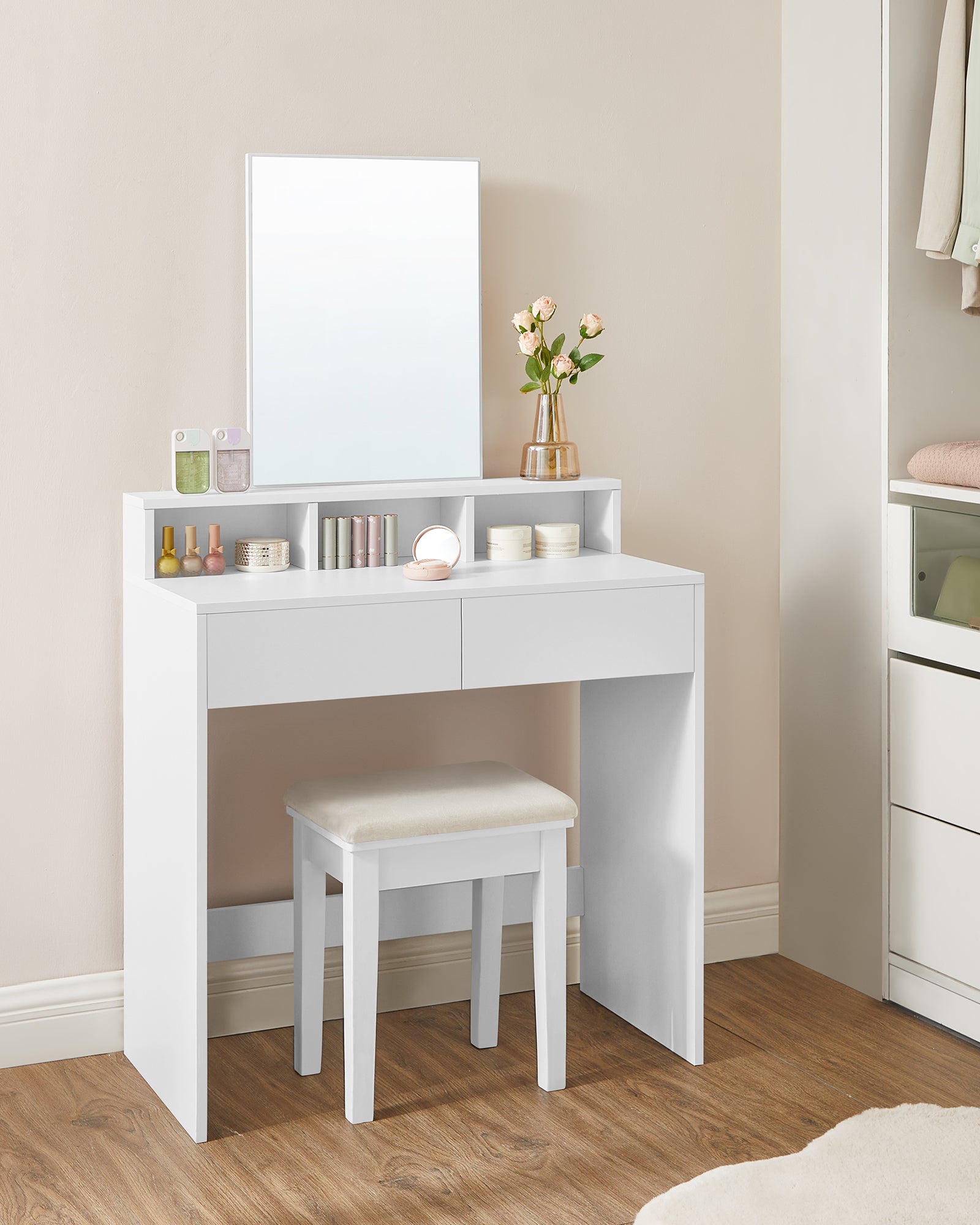 Coiffeuse Avec Miroir, 2 Tiroirs, 3 Compartiments De Rangement, 80 x 40 x 140 cm, SANS TABOURET, Style Moderne, Blanc - 3