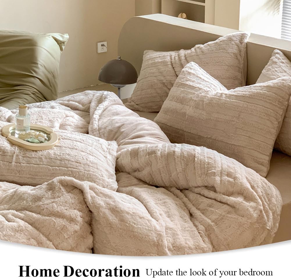 Housse de Couette Peluche 220x240 Beige + 2 Taies 65x65cm - 4