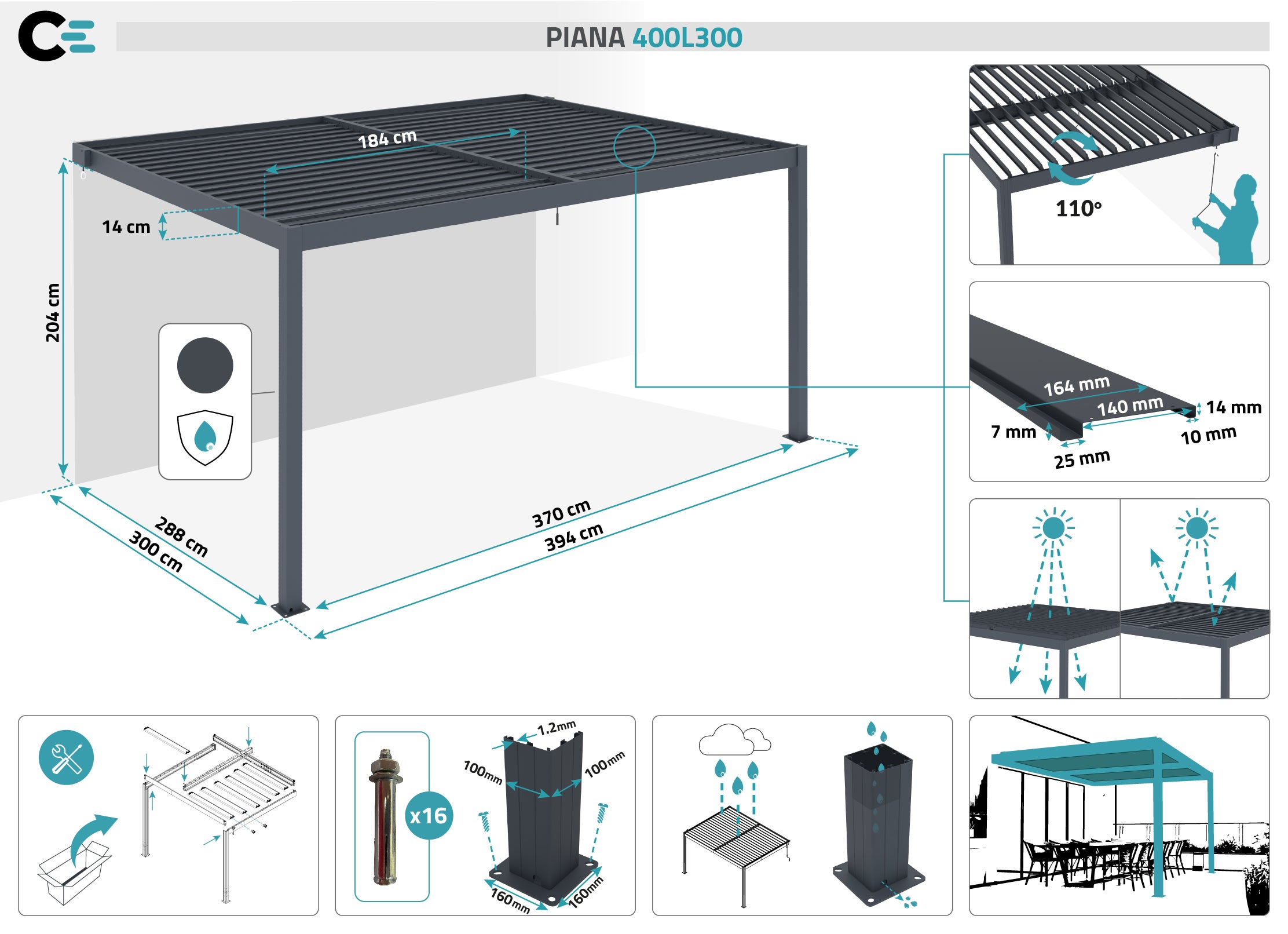 Pérgola bioclimática adosada PIANA de aluminio gris 4x3m - 2