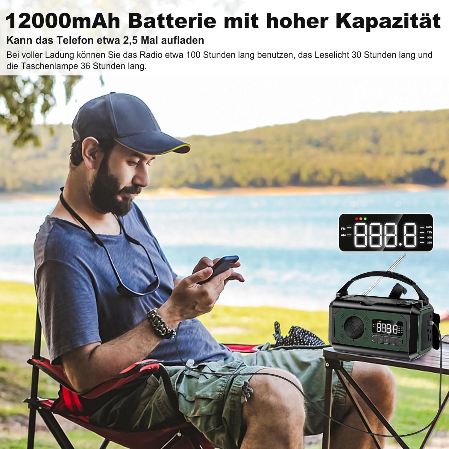 Radio solare AM/FM da 12000 mAh con generazione di energia a manovella, 2 pannelli solari, cavo dati USB e 3 modalità di ricarica. - 5