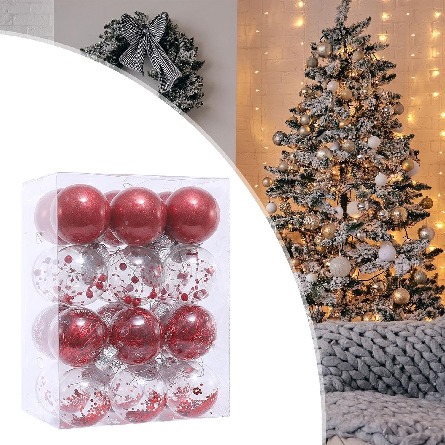 Palline Di Natale Rosse E Dorate - Set Da 44 Pezzi In Plastica PET, Diametri 6 Cm E 3 Cm, Con Cordino E Confezione Regalo