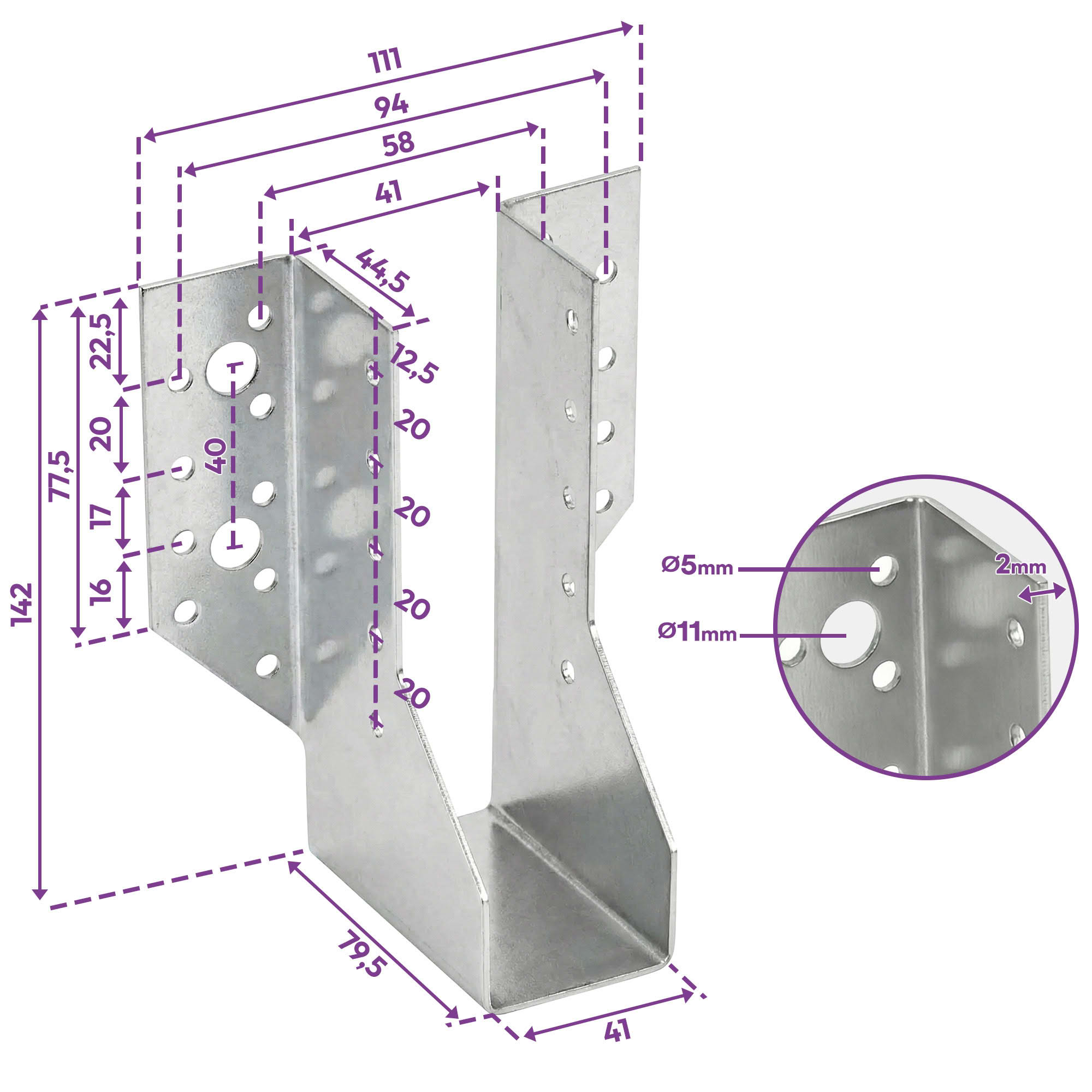 10 sabots de charpente à ailes extérieures - Connecteurs de poutres - Acier galvanisé - Larg 41 x Ht 142 mm - Fabriqué en Europe - 2