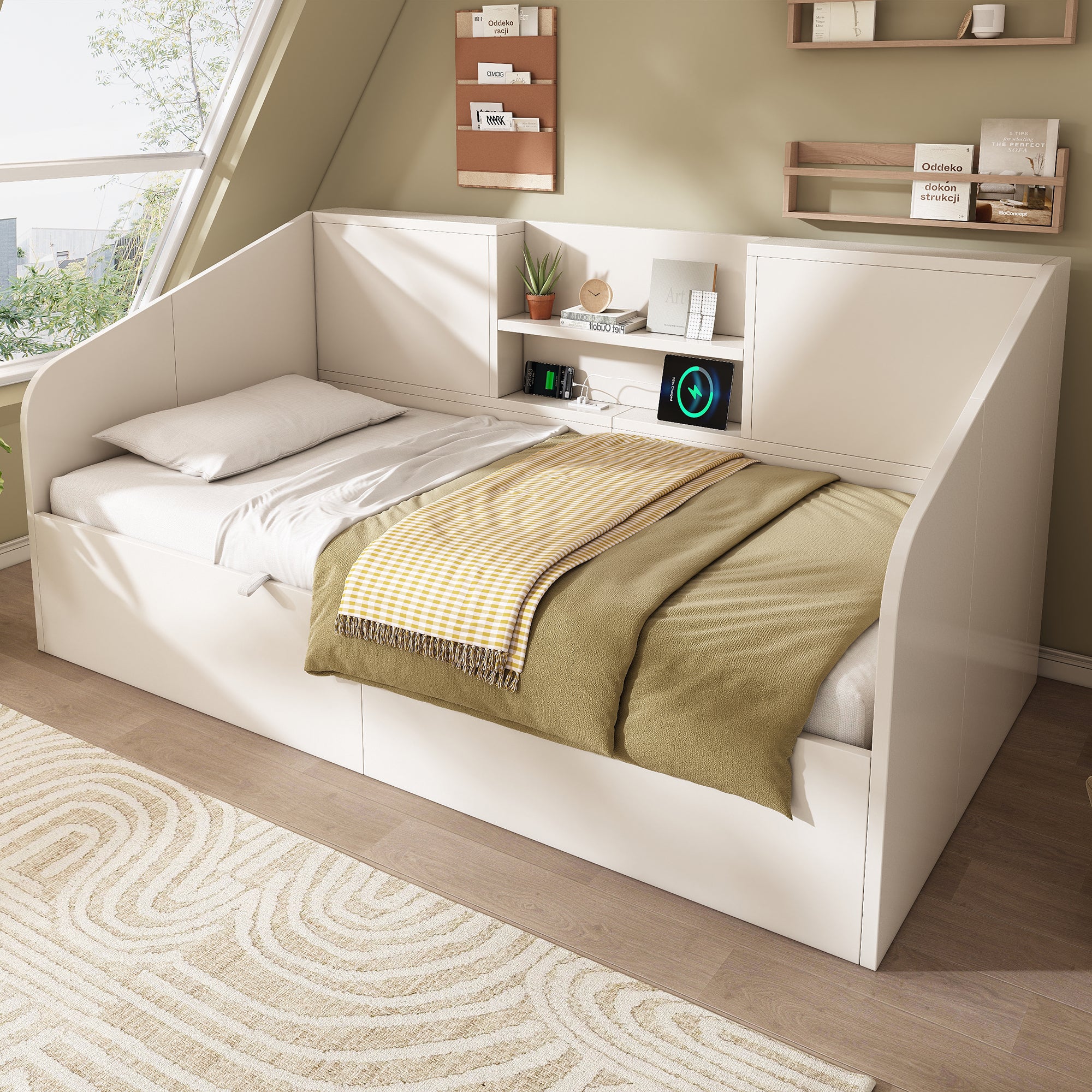 Divano Letto 90x190 Cm In Velluto Con Luci LED E Porta USB-C – Testiera Contenitore, Struttura In Metallo E Legno, Beige