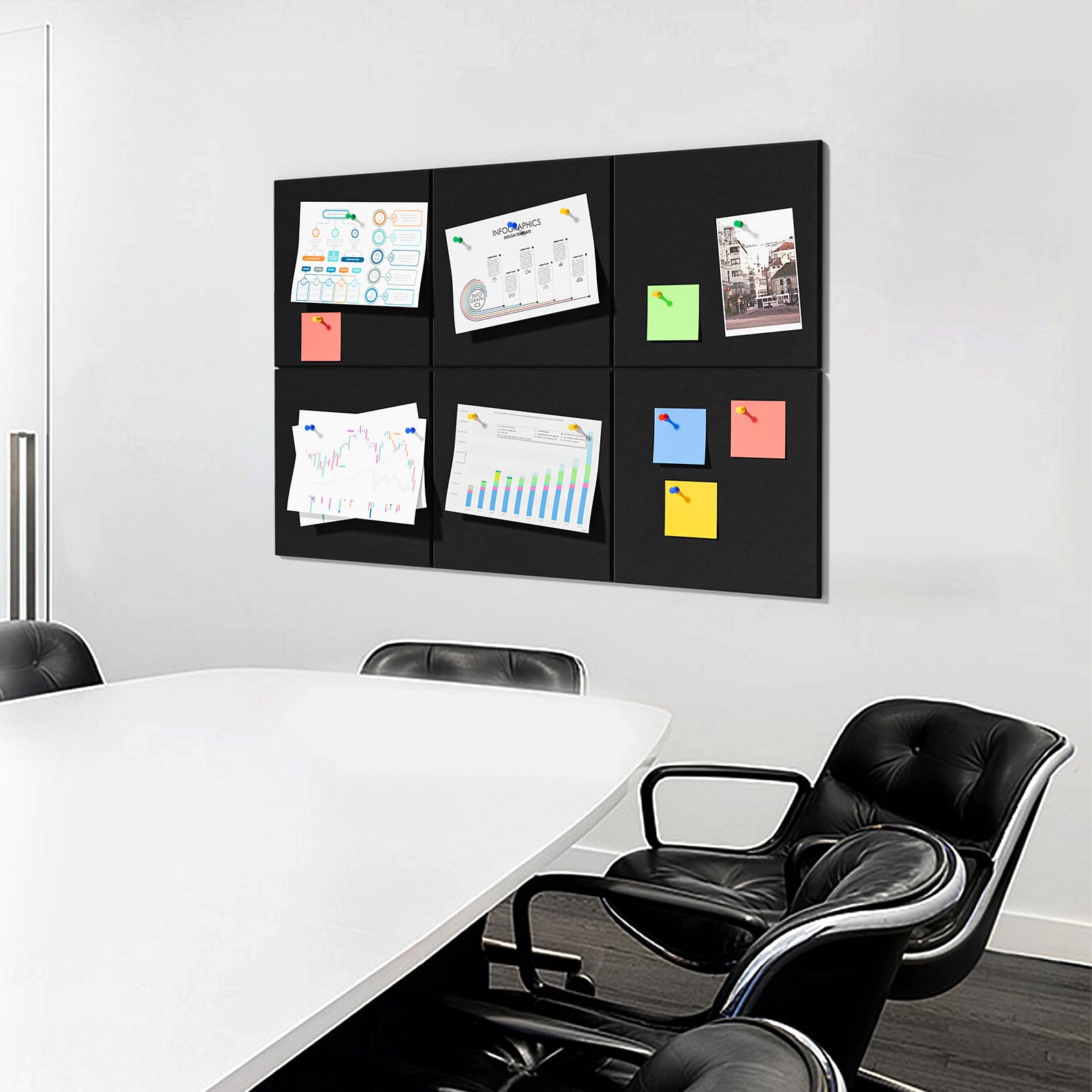 Grand tableau mural en liège,30 x 30 x 0,9cm,tableau d'affichage, lot de 6 dalles murales en feutre avec punaises,tableau mémo pour notes, photos,noir - 7