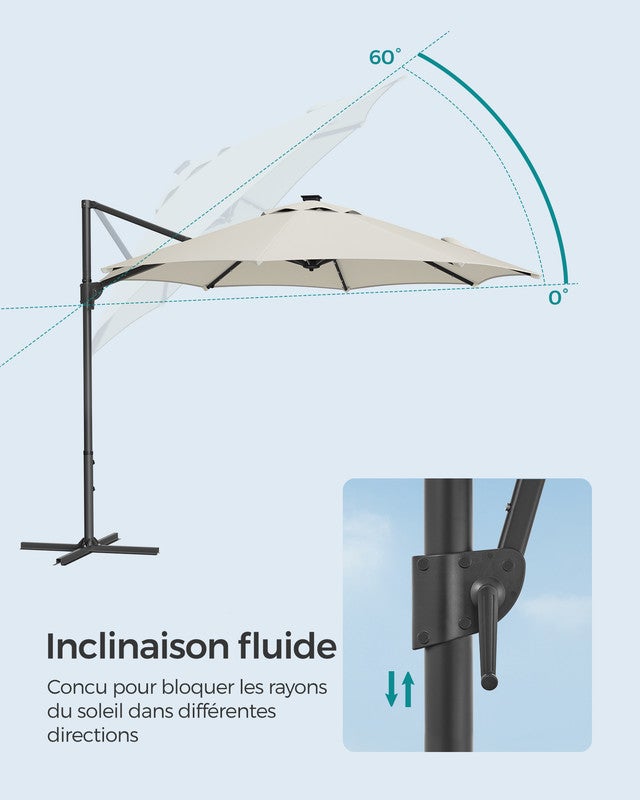 Parasol de Jardin 300 cm, 28 LED Solaires, UPF 50+, Pivotant à 360°, Inclinaison Fluide, Manivelle, avec Base en Croix, Blabc Crème - 6
