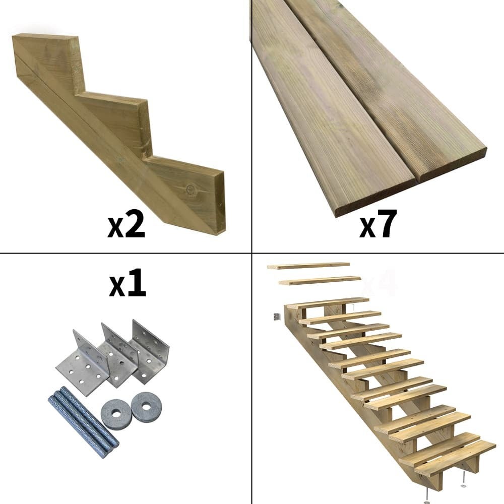 Escalier Bois Exterieur - 7 Marches - Largeur = 80cm - Marches découpables - Sans Contremarches - Pin du Nord - Traité Autoclave - 2