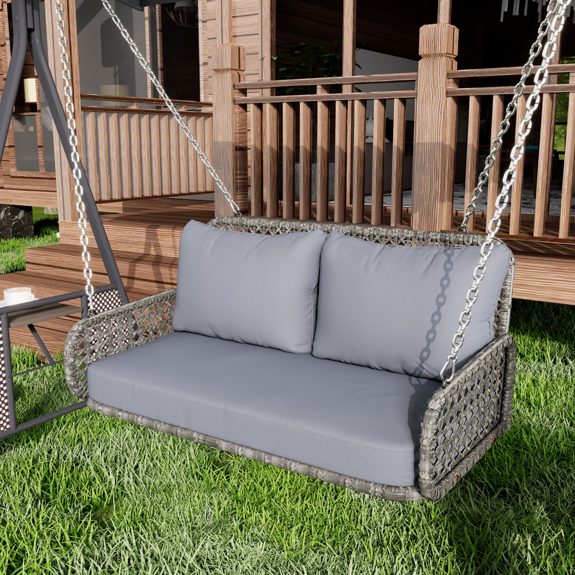Balancelle de jardin 2 places en rotin PE, Balançoire de jardin - avec coussins et 2 chaînes - 112 x 54 x 48 cm - Gris - 3