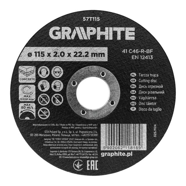 Tarcza tnąca, korundowa do betonu 115 x 2.0 x 22.2 mm, 41 C46-R-BF GRAPHITE