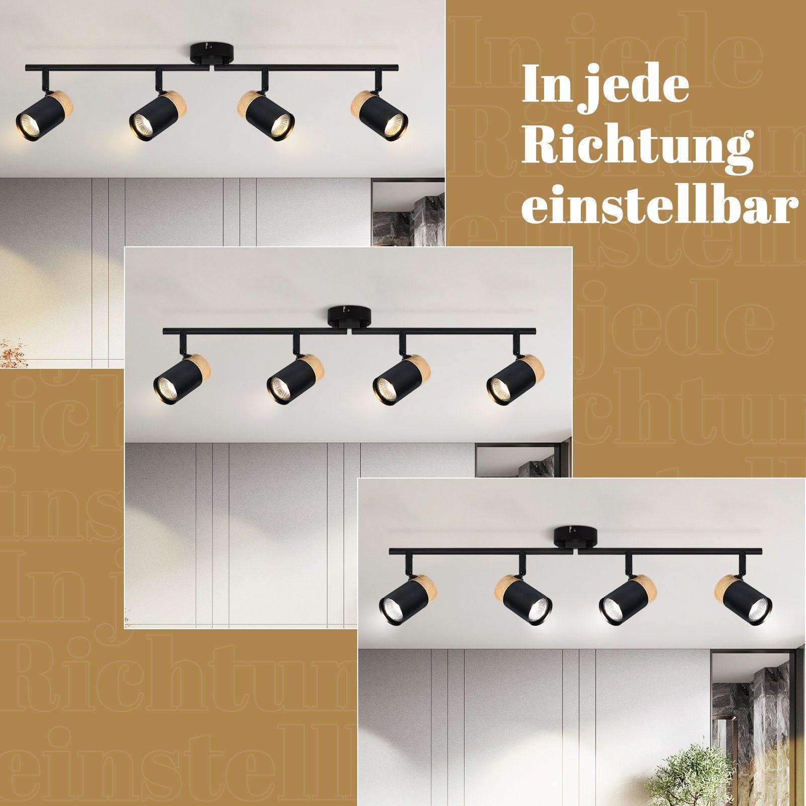 NETTLIFE Plafonnier 4 spots bois GU10 noir orientable 330° pour salon chambre cuisine chambre d'enfant sans ampoule - 5