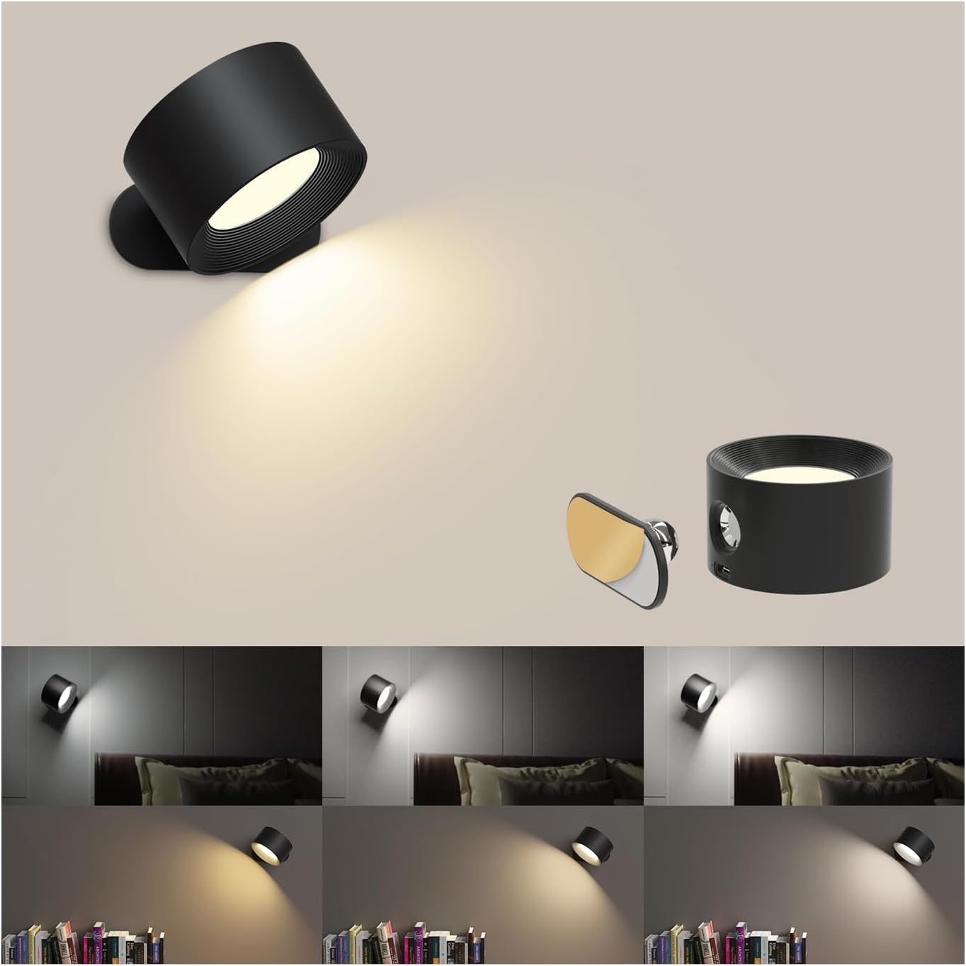 Kinkiet LED, 3 poziomy jasności, obrotowa o 360° magnetyczna kula, sterowanie dotykowe, oświetlenie wewnętrzne do sypialni – 1 sztuka, czarny
