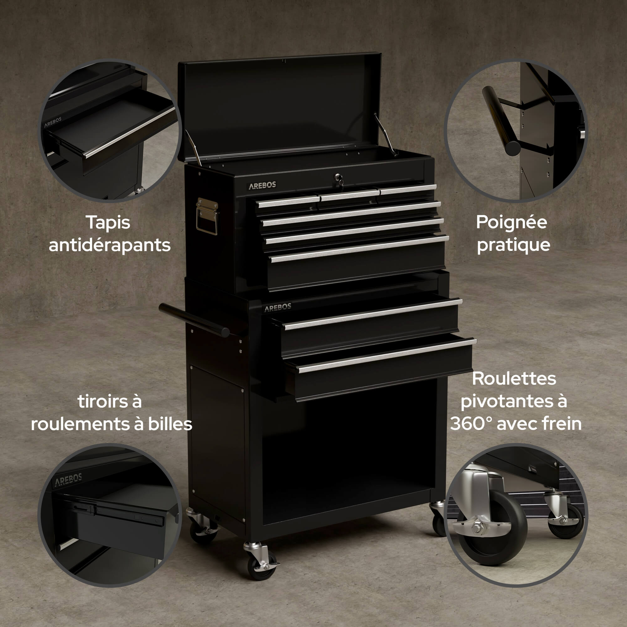 Servante d'atelier à 9 tiroirs Chariot Caisse à Outils Amovible Noir 71x 67 x 37 - 6