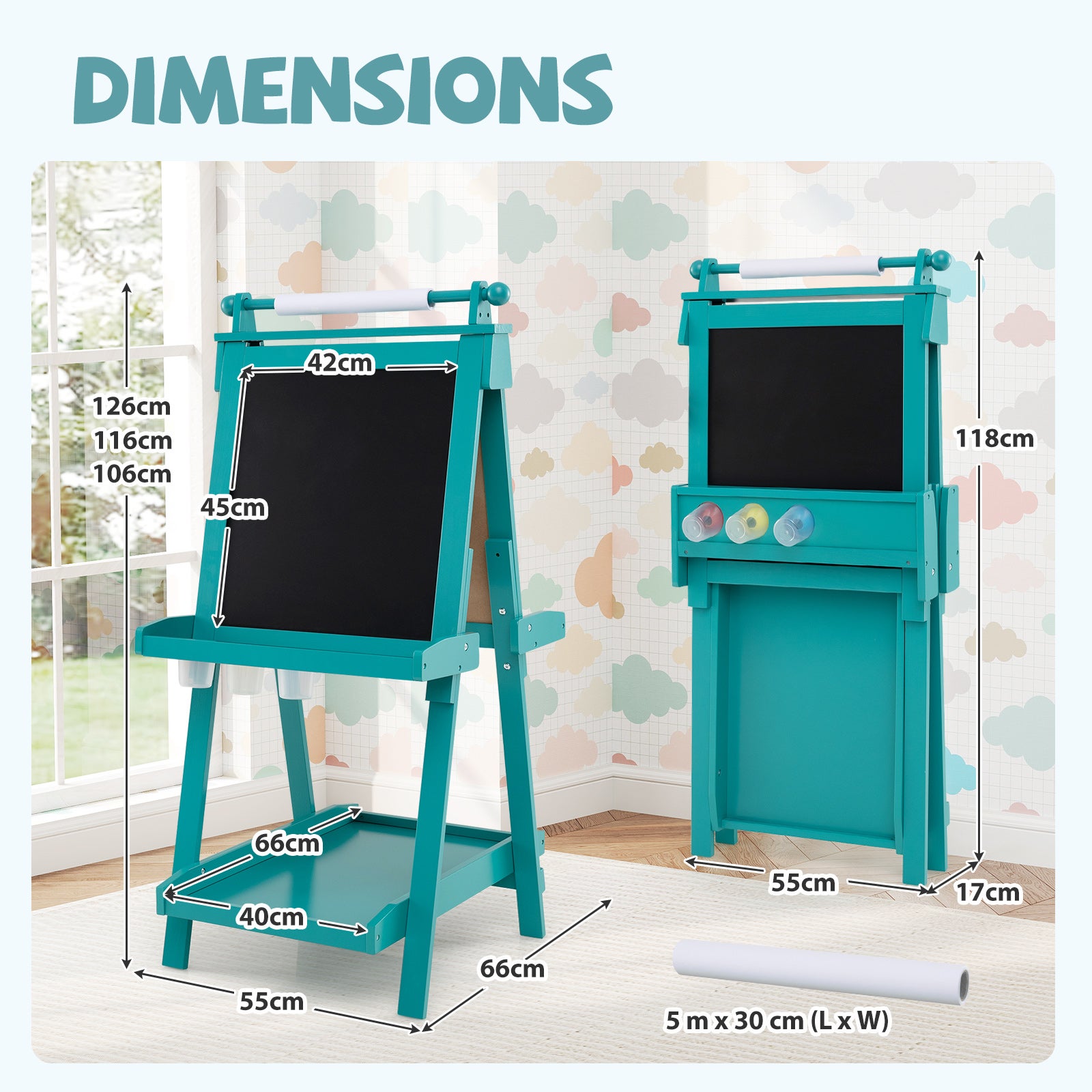 Chevalet Pliable pour Enfants, Double Face avec Tableau Noir et Tableau Blanc Magnétique, Rouleau de Papier Remplaçable, 3 Gobelets, Vert - 3