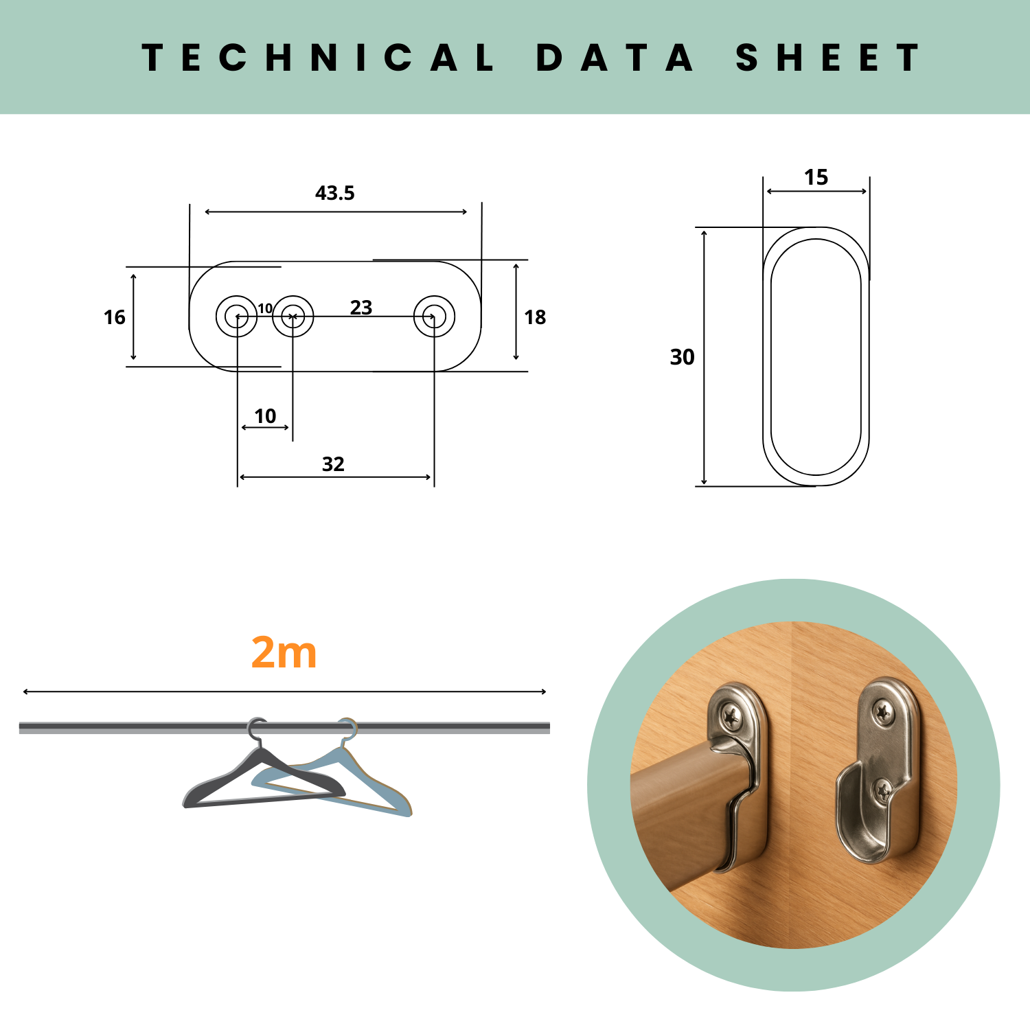 Tube Porte-Vêtements Chromé Ovale 15x30 mm Longueur 2 Mètres Pour Armoire avec 4 Supports Latéraux - 2