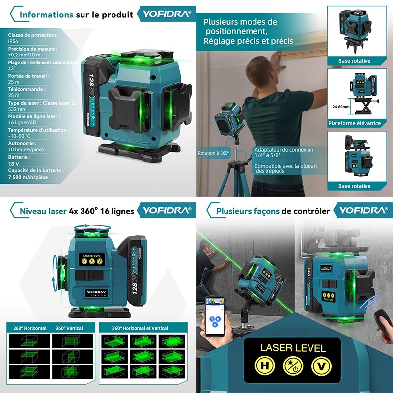 OBOSOE Livella laser 4D, 16 linee, autolivellante a 360°, misurazione verticale e orizzontale, treppiede da 1 metro incluso, batterie non incluse - 5