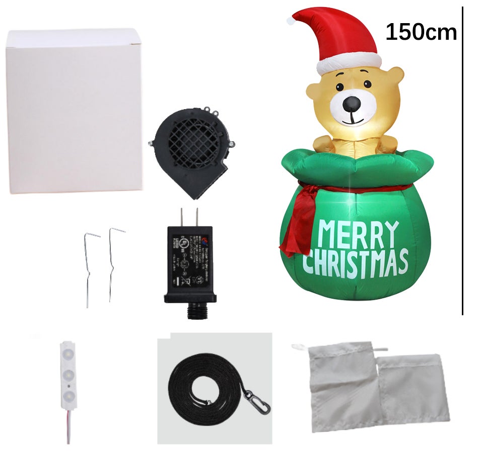 Ours gonflable de noël de 120cm avec sac du père noël, décoration de noël éclairée avec ventilateur intégré et lumières LED - 4