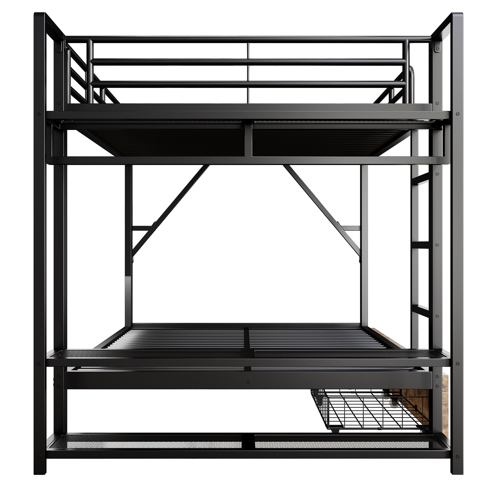 Lit Mezzanine 140x200 cm Étagère avec LED, Cadre de lit Noir avec Tablettes et Porte-Vêtements Métallique, Lit superposé avec 2 Tiroirs, sans Matelas - 7