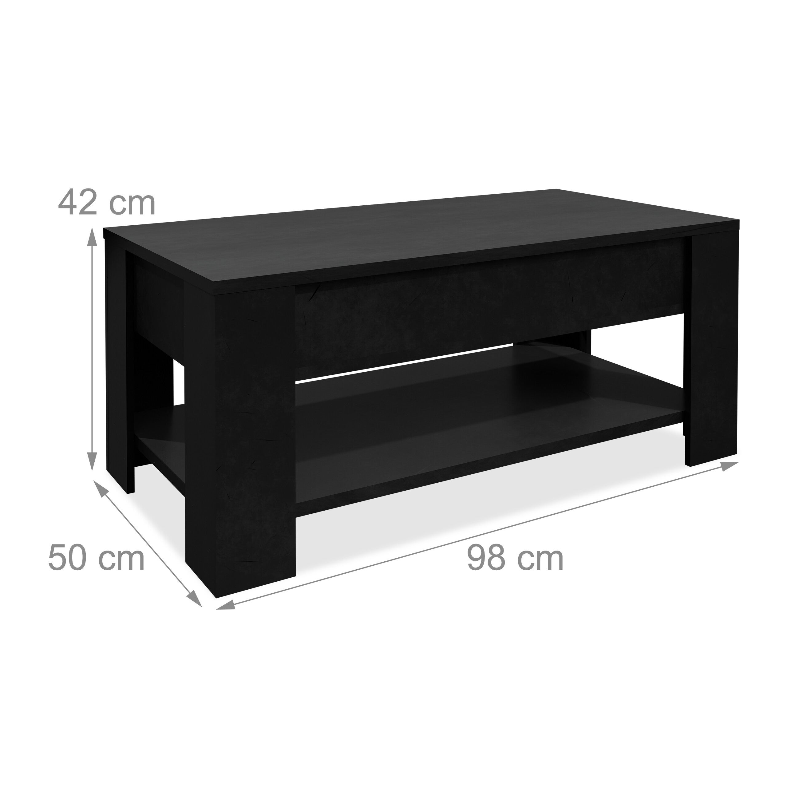 Mesa de centro, ajustável, HBD: 42x98x50 cm, mesa de estar com espaço de arrumação, superfície extra, preta, Relaxdays - 4