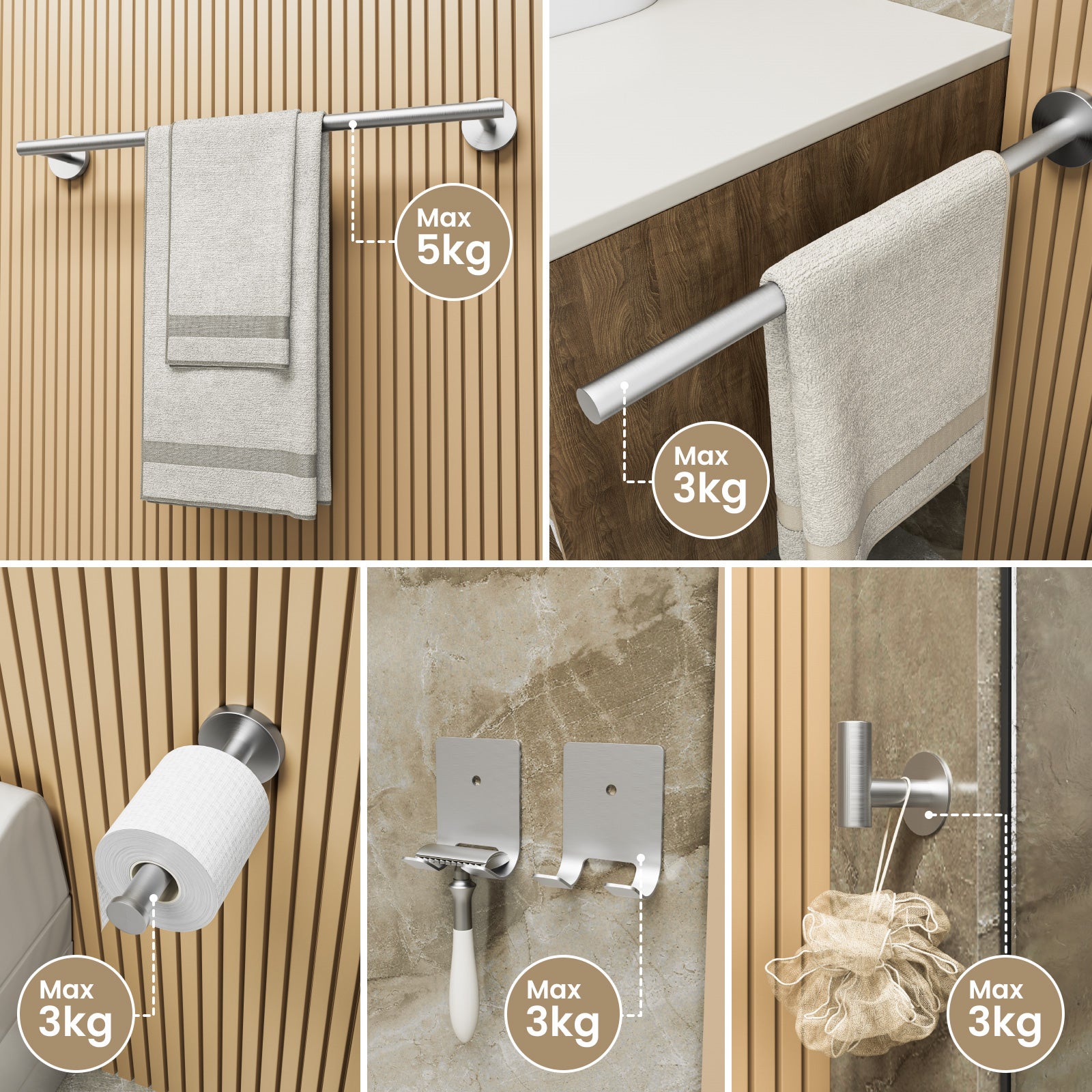 Cecipa MAX Portasciugamani da Parete Porta Carta Igienica da Bagno Set da Appendere per Bagno in Acciaio Inossidabile Spazzolato 4 Pezzi - 3