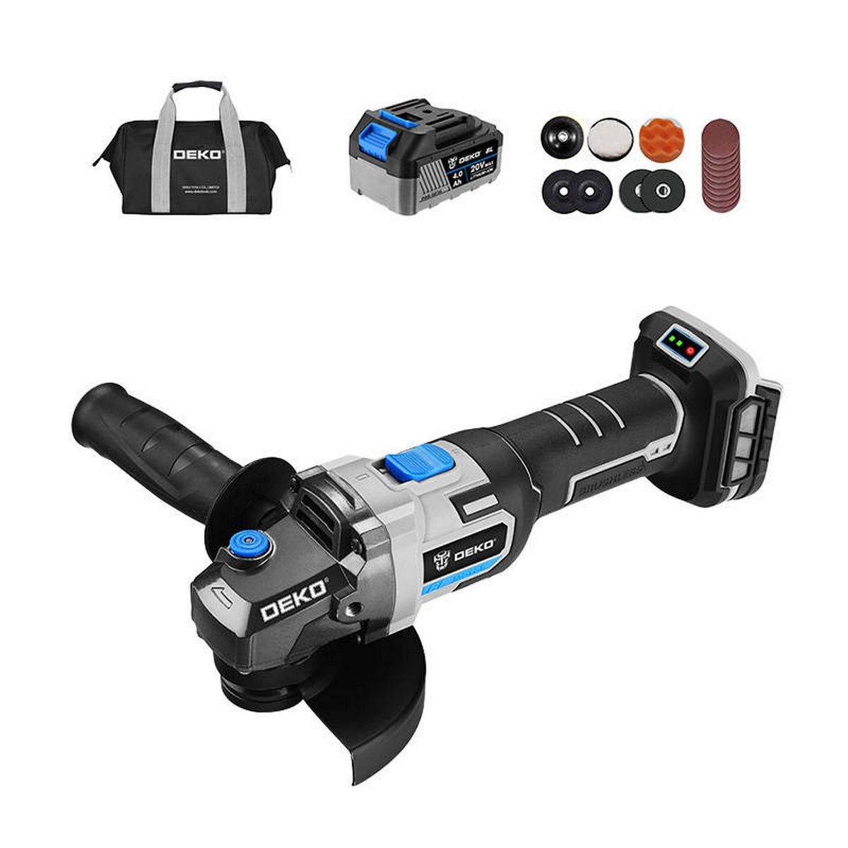 PACK MEULEUSE D'ANGLE SANS FIL 125mm BATTERIE, CHARGEUR, SAC ET DISQUES