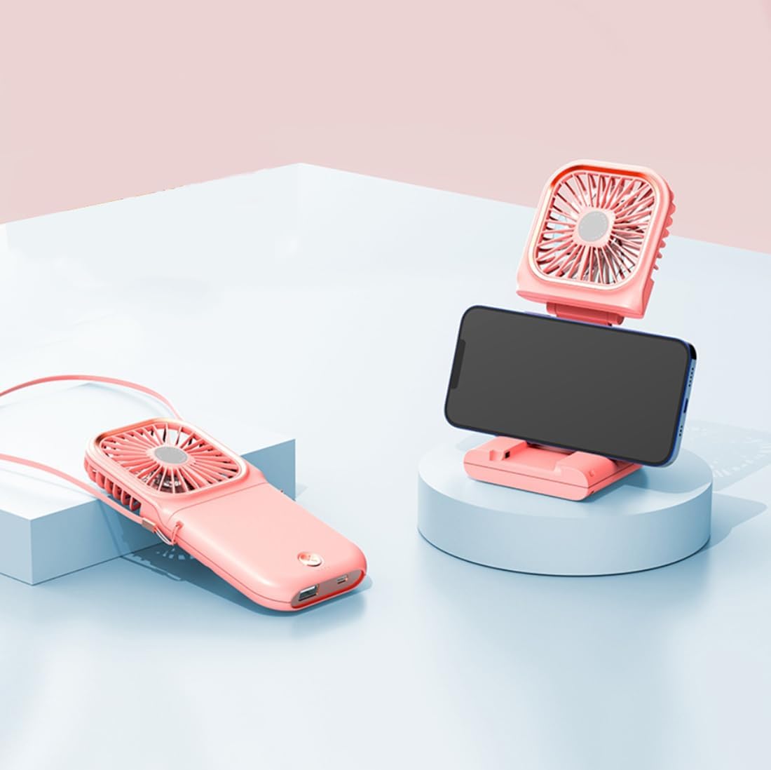 Wentylator osobisty, składany wentylator biurkowy USB, przenośny mini wentylator na szyję, różowy