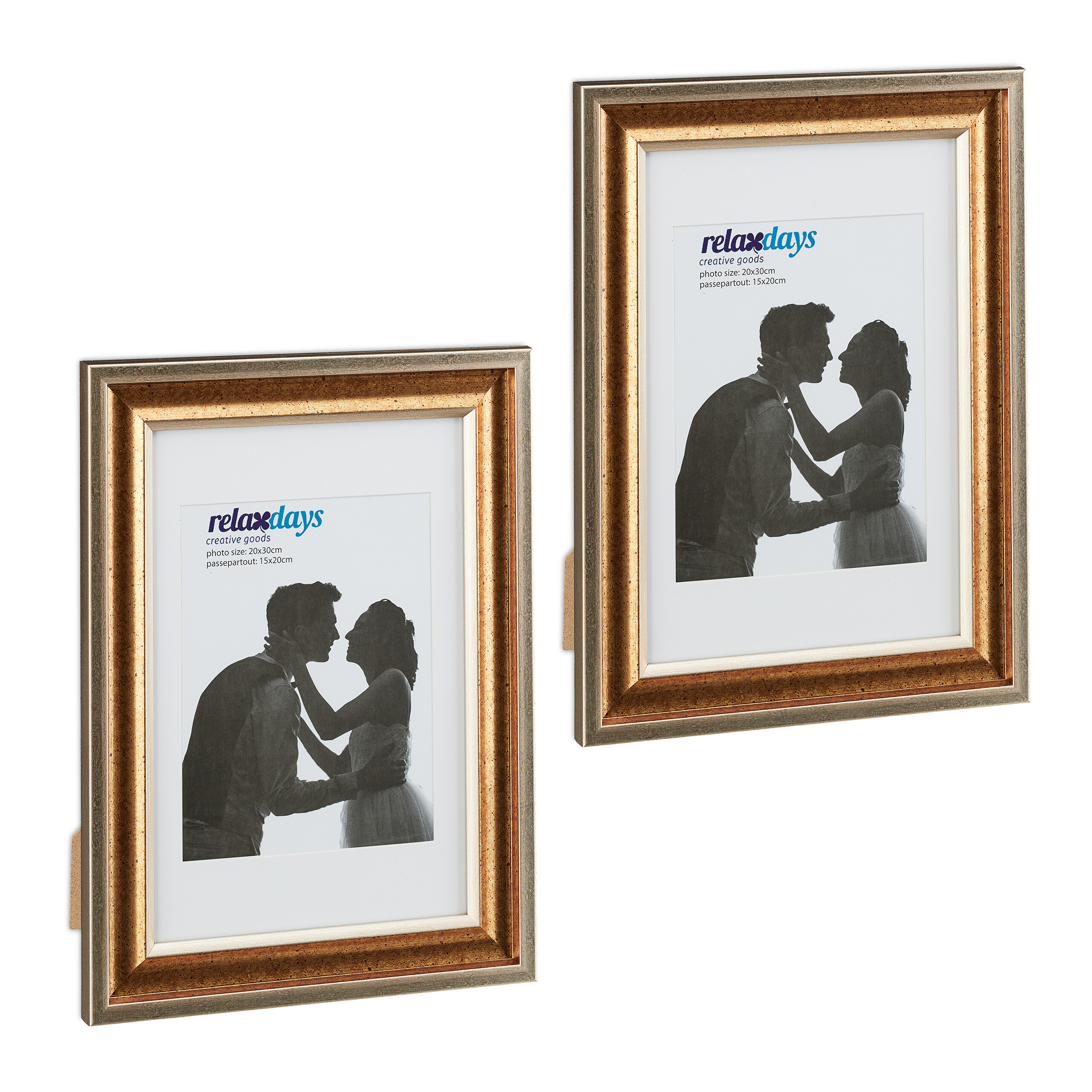 Relaxdays marcos fotos, pack de 2, 20x30 cm, look retro, horizontal o vertical, pared o sobremesa, paspartús, dorado