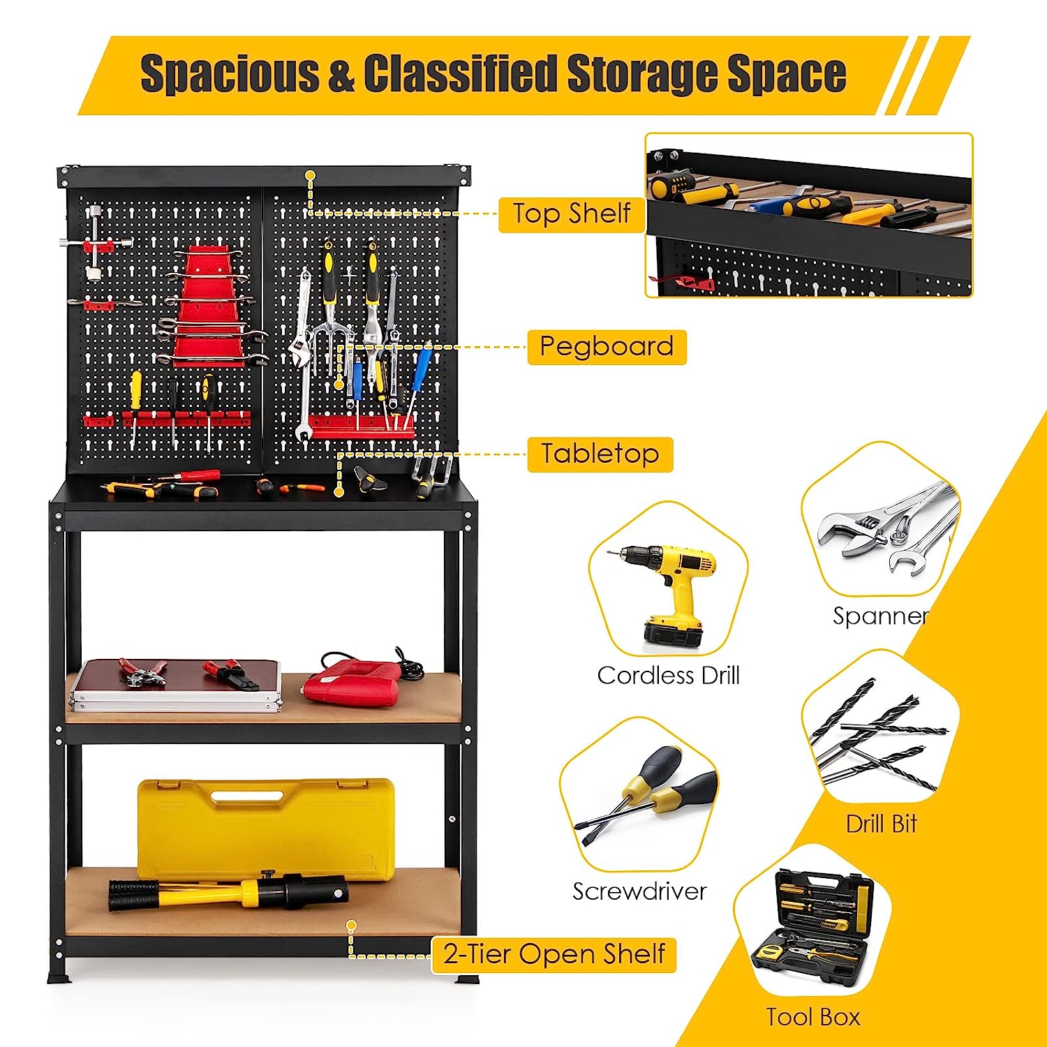 Bancada de trabalho para oficina de garagem com 3 prateleiras, estrutura de aço, 81 x 41 x 155 cm - 2